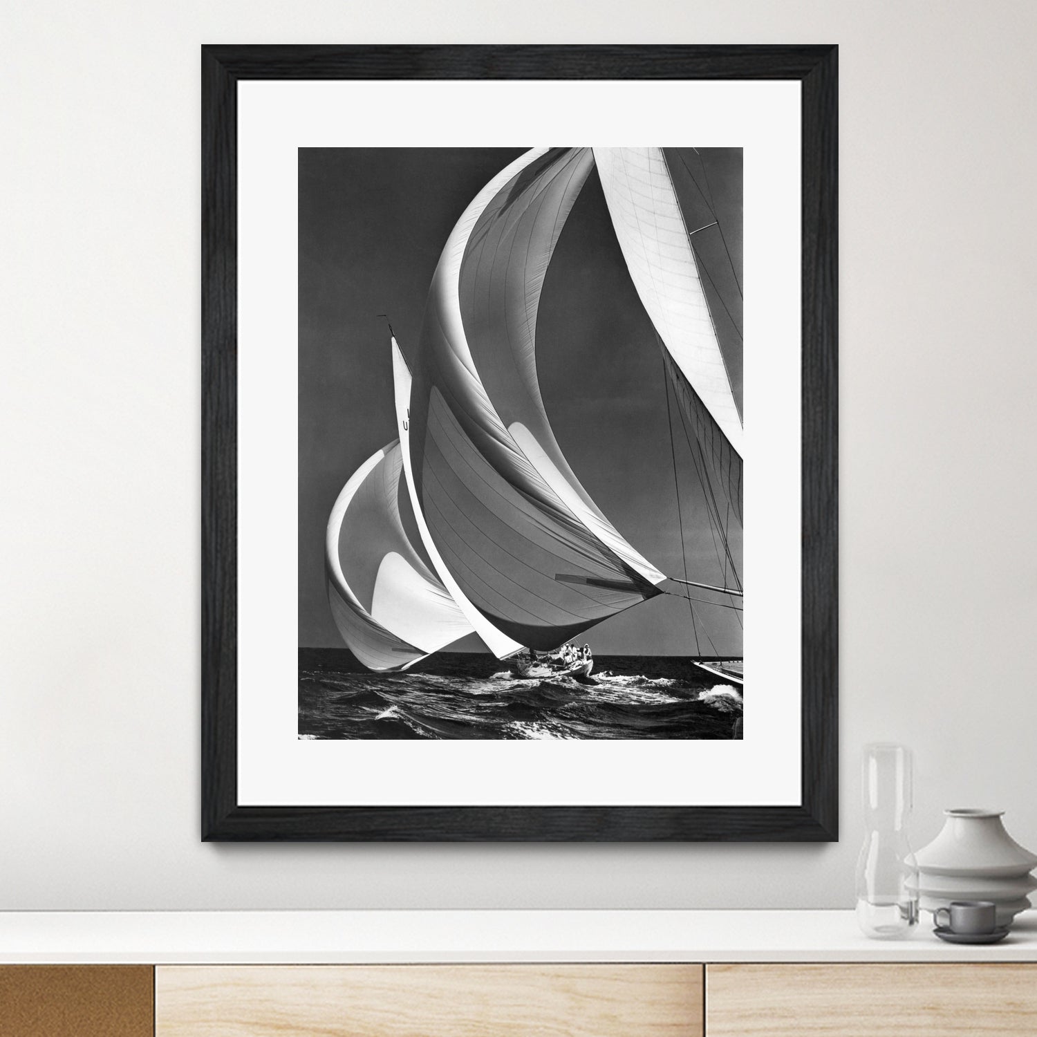 Two sailboats racing with their spinakers on a reach, 1940s by Bridgeman Images on GIANT ART - black and white photography