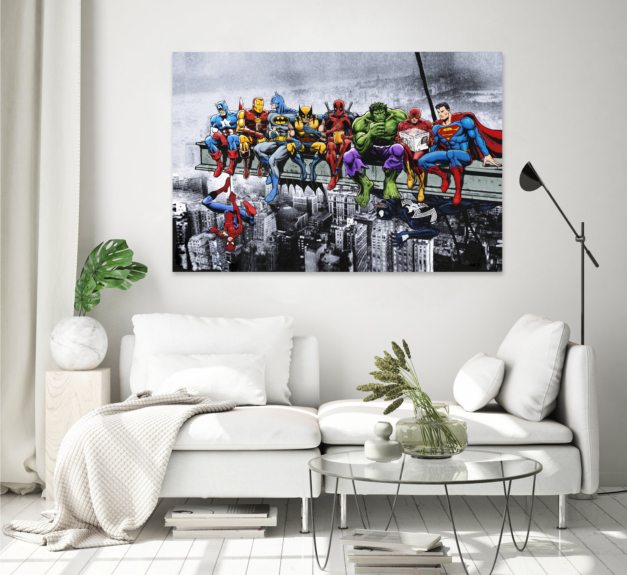 Marvel and DC Superheroes Lunch Atop A Skyscraper by Dan Avenell on GIANT ART - red digital painting