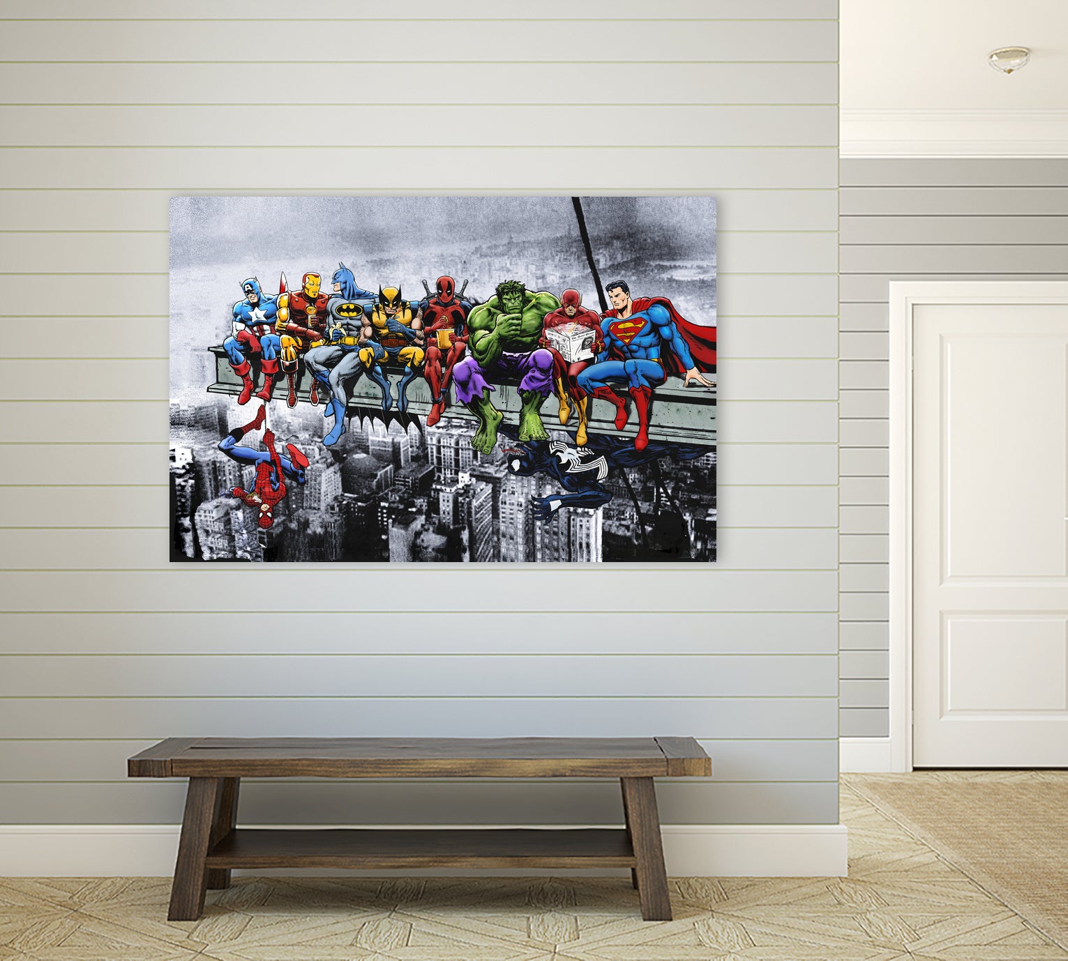 Marvel and DC Superheroes Lunch Atop A Skyscraper by Dan Avenell on GIANT ART - red digital painting