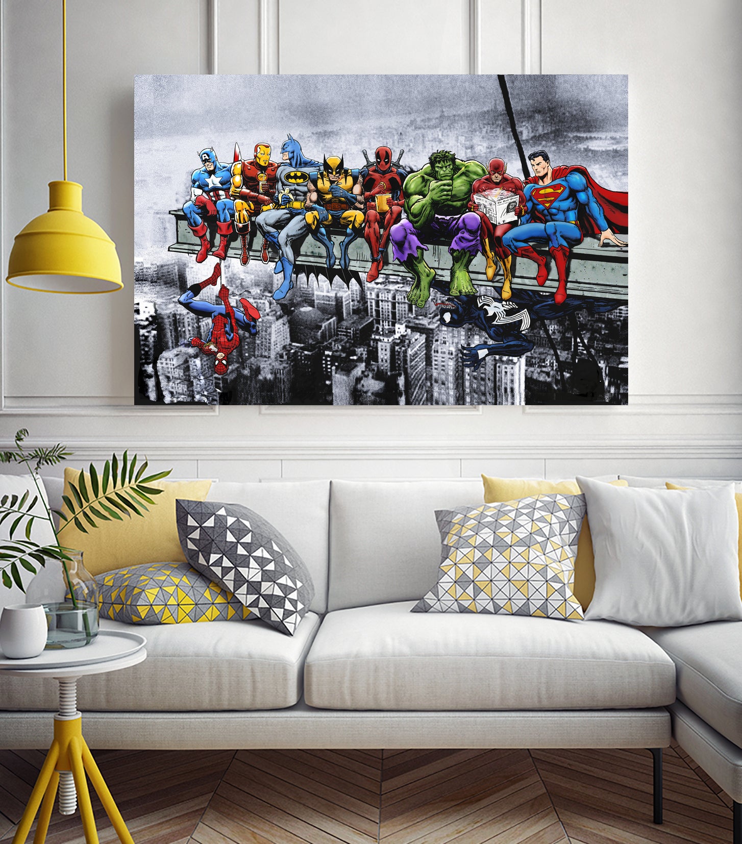 Marvel and DC Superheroes Lunch Atop A Skyscraper by Dan Avenell on GIANT ART - red digital painting