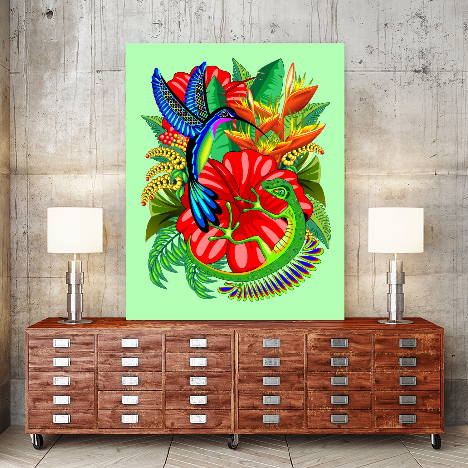 The Lizard, The Hummingbird and The Hibiscus by Monica Terrana on GIANT ART - green digital drawing