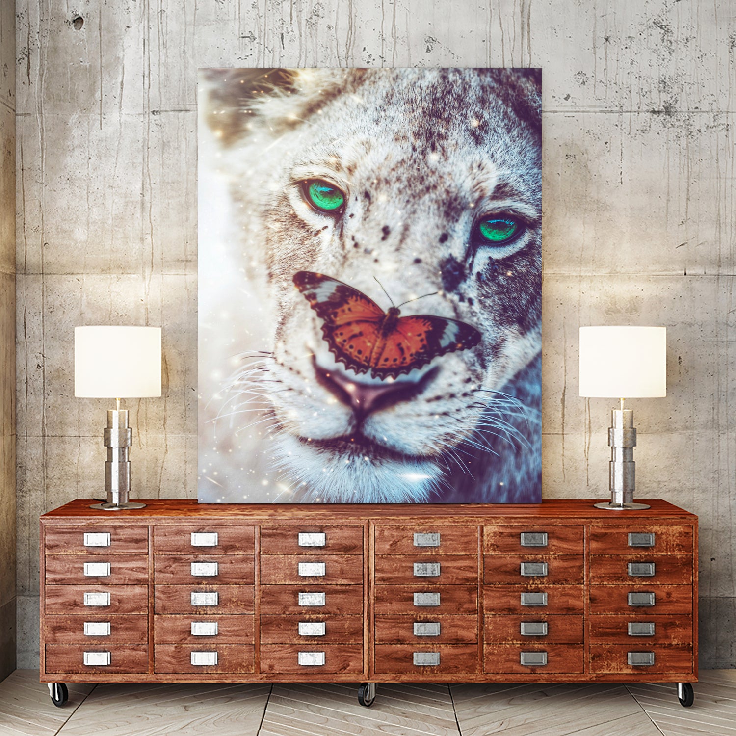Lioness and orange butterfly by Rigaud Mickaël on GIANT ART - brown photo manipulation