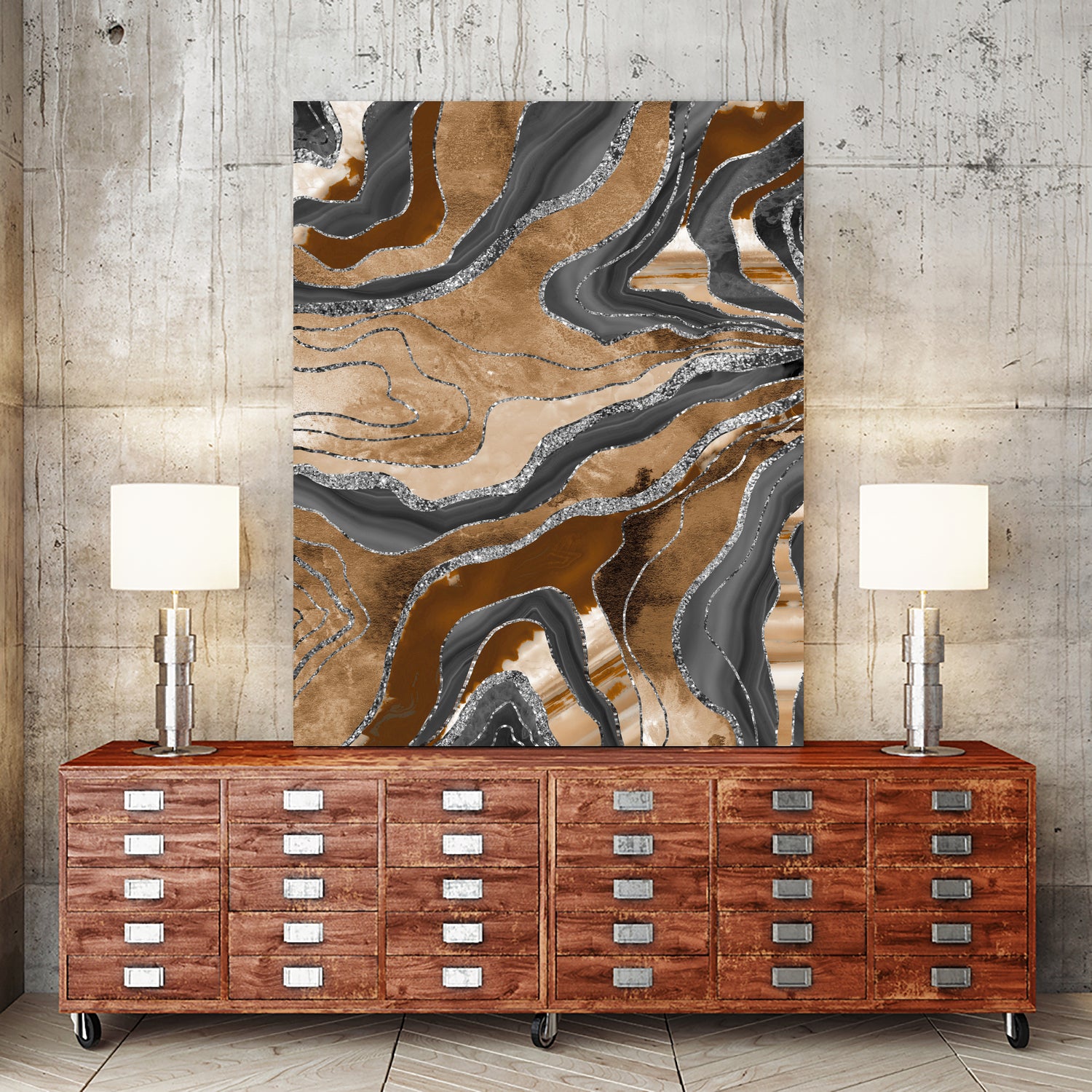 Earthy Marble Agate Silver Glitter Glam #1 (Faux Glitter) by Anita & Bella Jantz on GIANT ART - brown digital painting