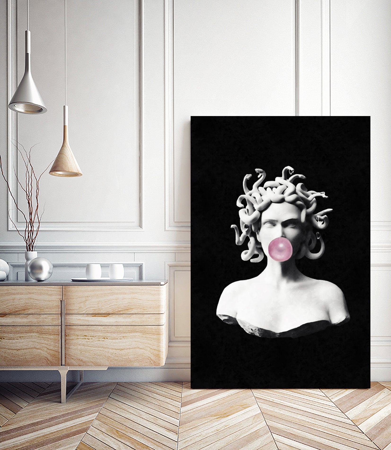 Medusa blowing pink bubblegum bubble by Menelaos Trompoukis on GIANT ART - black digital painting