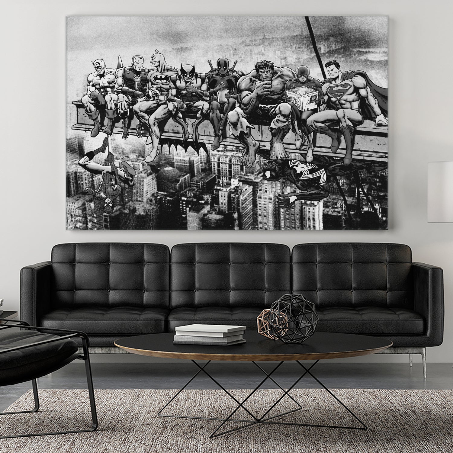 Marvel & DC Superheroes Lunch Atop A Skyscraper -B/W Edition by Dan Avenell on GIANT ART - gray digital painting