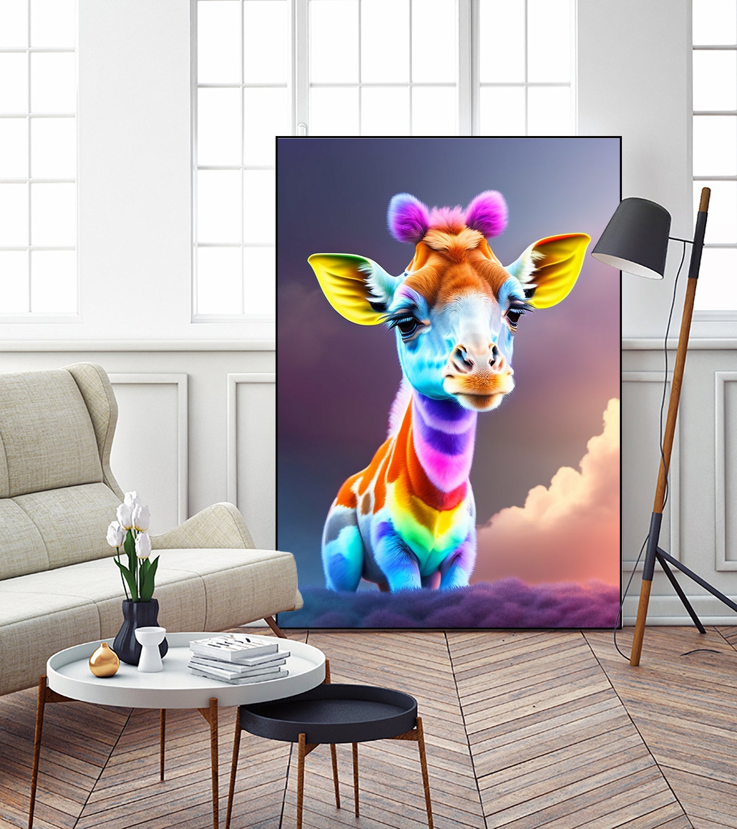 Cute baby giraffe colorful art with rainbow colors by ALMA Studio on GIANT ART - fuchsia digital painting
