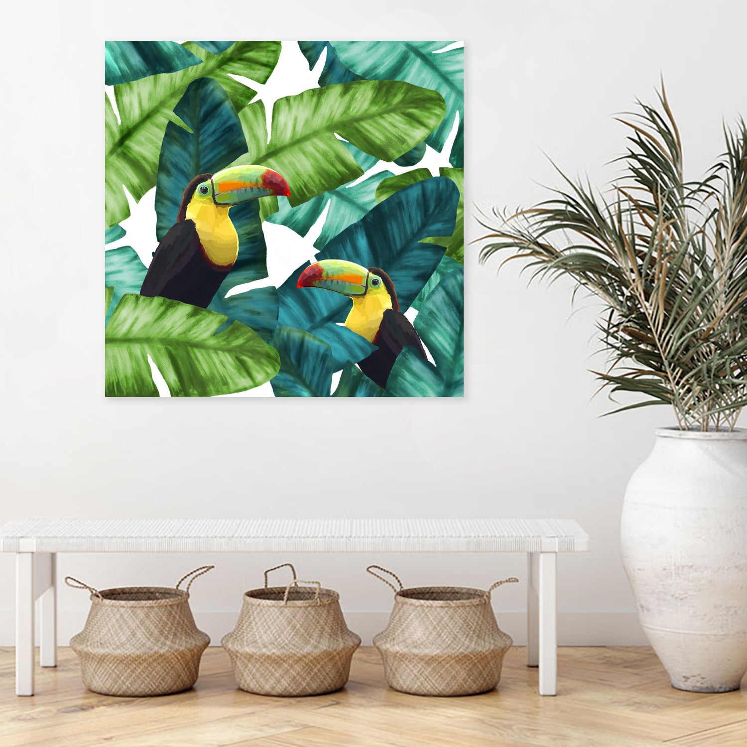 Toucans Tropical Banana Leaves Pattern by Brigitte Carre on GIANT ART - green digital painting