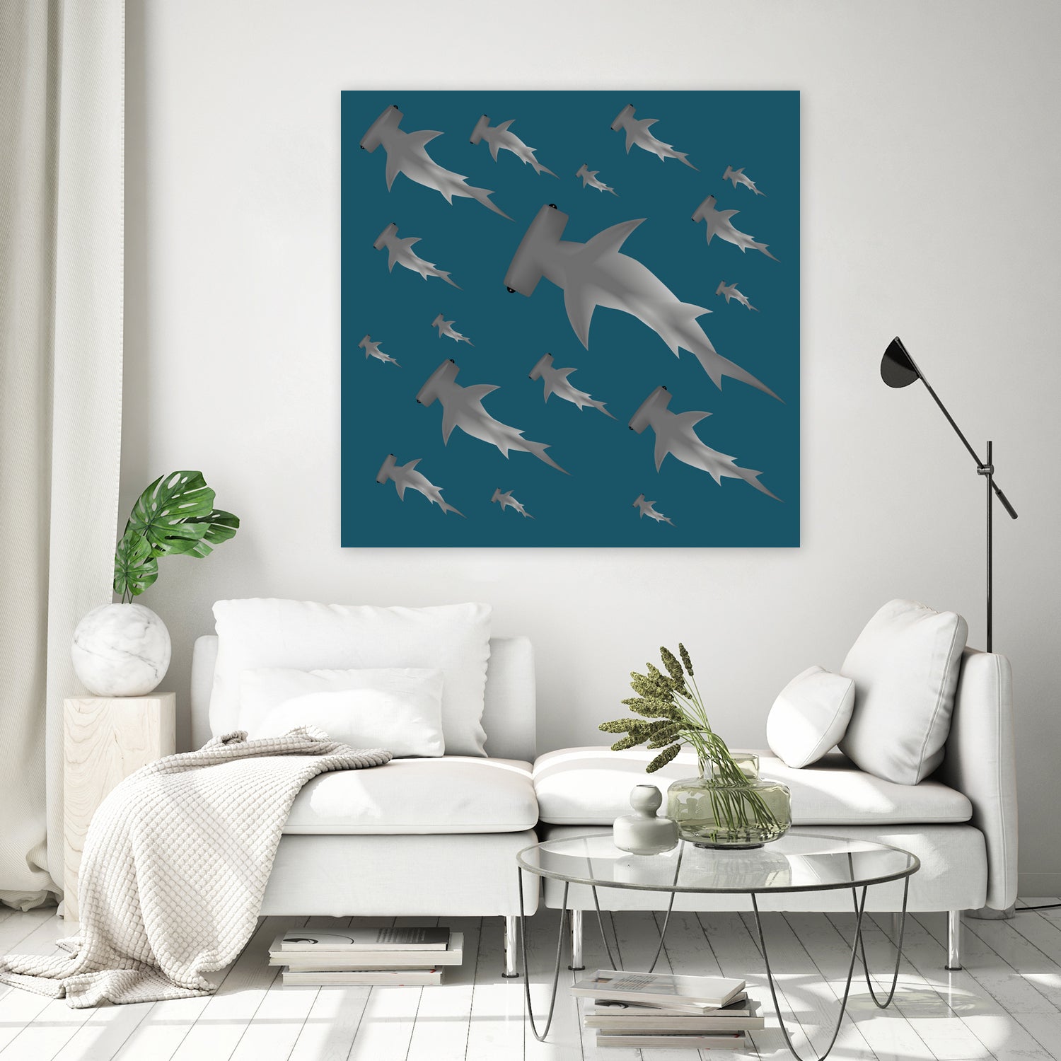 School of hammerhead sharks by Rodrigo Esparza-Salas on GIANT ART - blue digital drawing