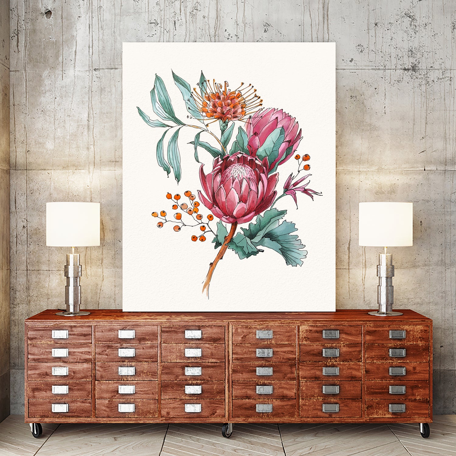 King protea flowers watercolor illustration by Two Lips on GIANT ART - pink digital drawing