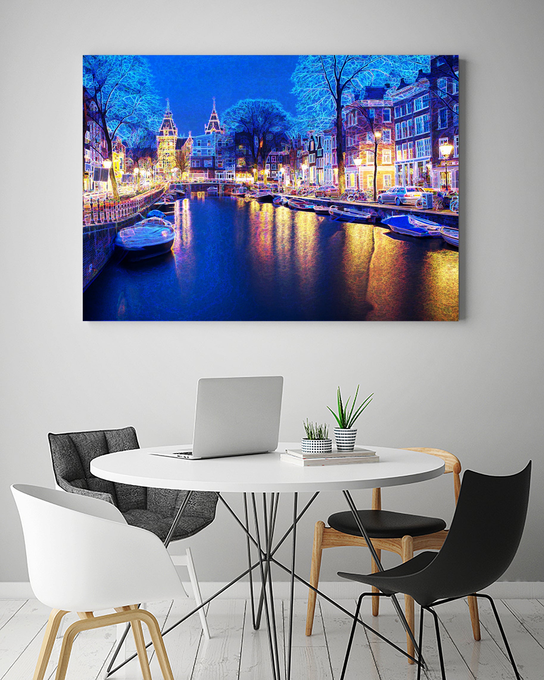 Winter Amsterdam Canal At Night With Boats by Michael Novik on GIANT ART - white photo illustration
