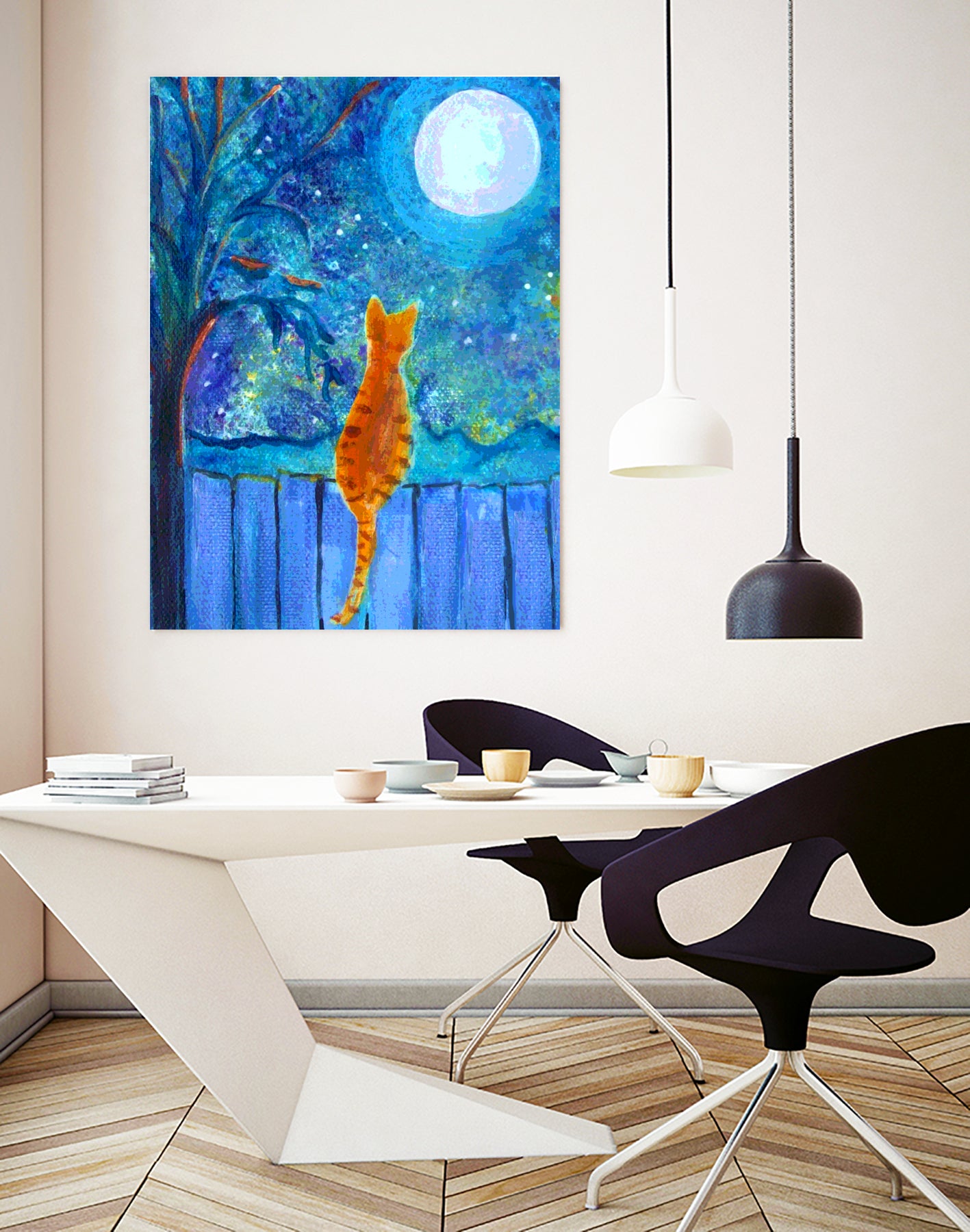 Cat on A Fence in the moonlight by Paintings by gretzky on GIANT ART - blue mixed media