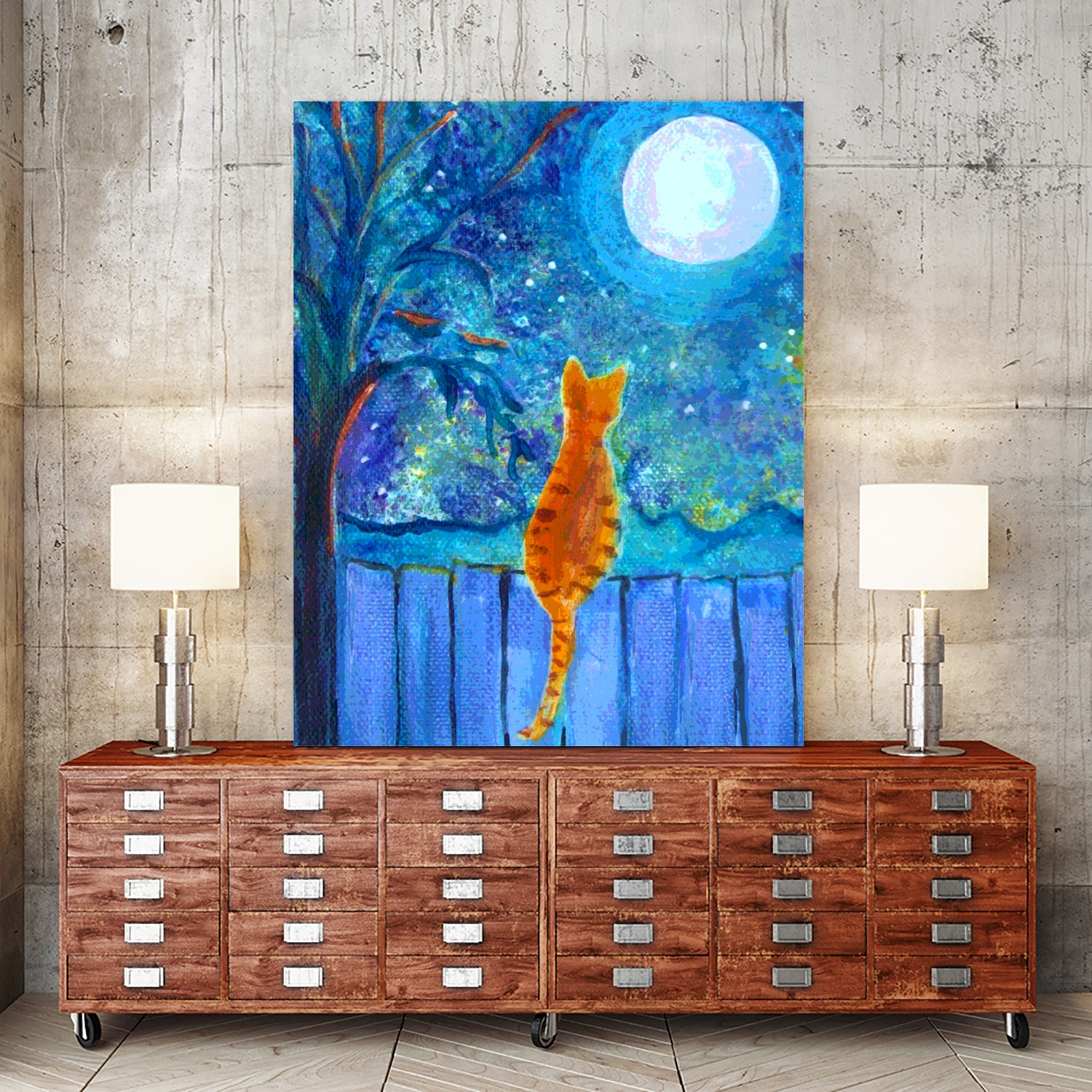 Cat on A Fence in the moonlight by Paintings by gretzky on GIANT ART - blue mixed media
