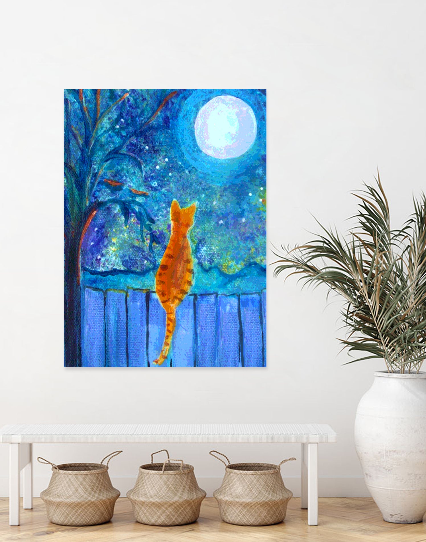 Cat on A Fence in the moonlight by Paintings by gretzky on GIANT ART - blue mixed media