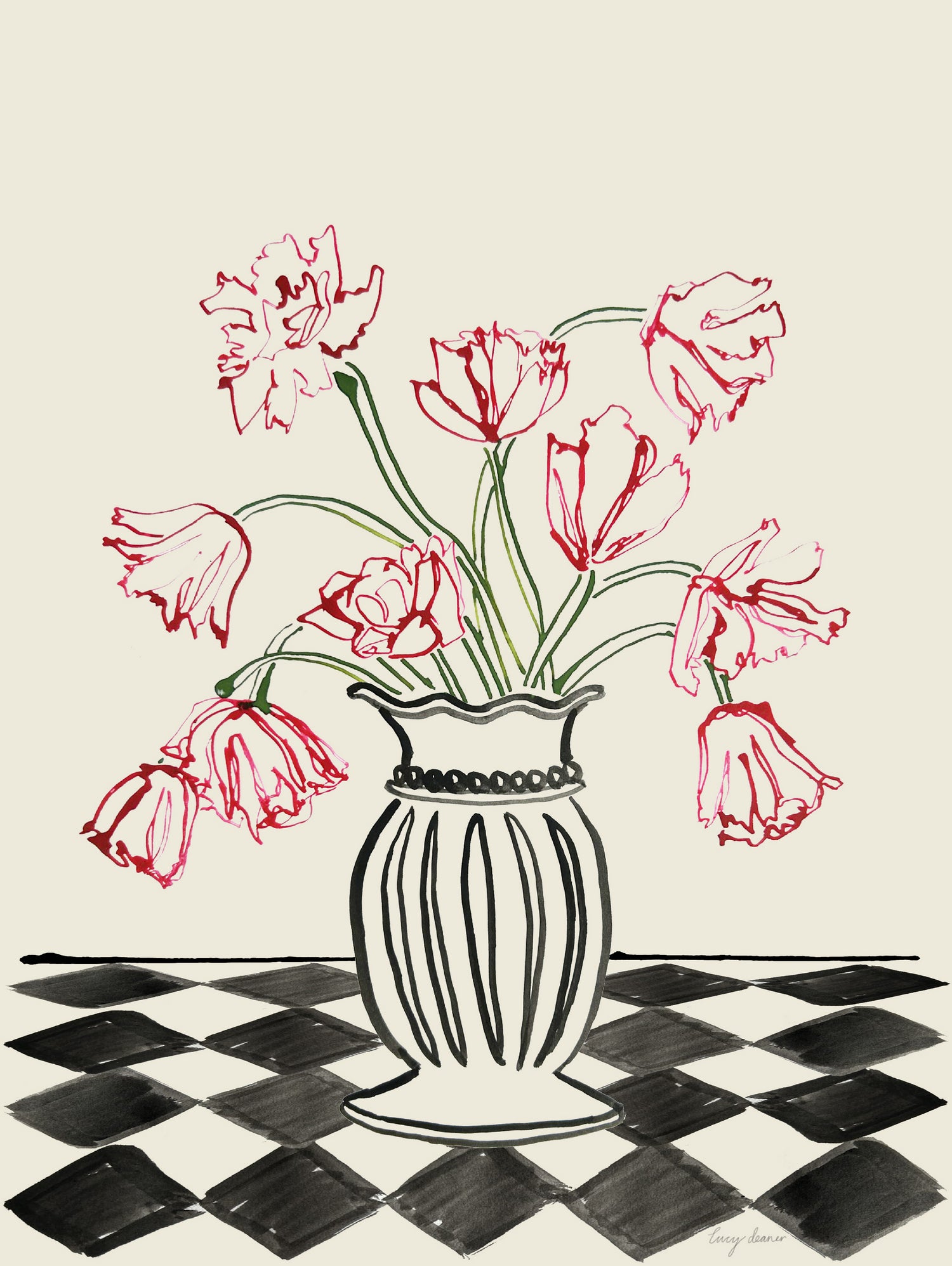 Pink Tulips In a Vase with Checkered Diamonds by Lucy Deaner on GIANT ART - flowers and plants