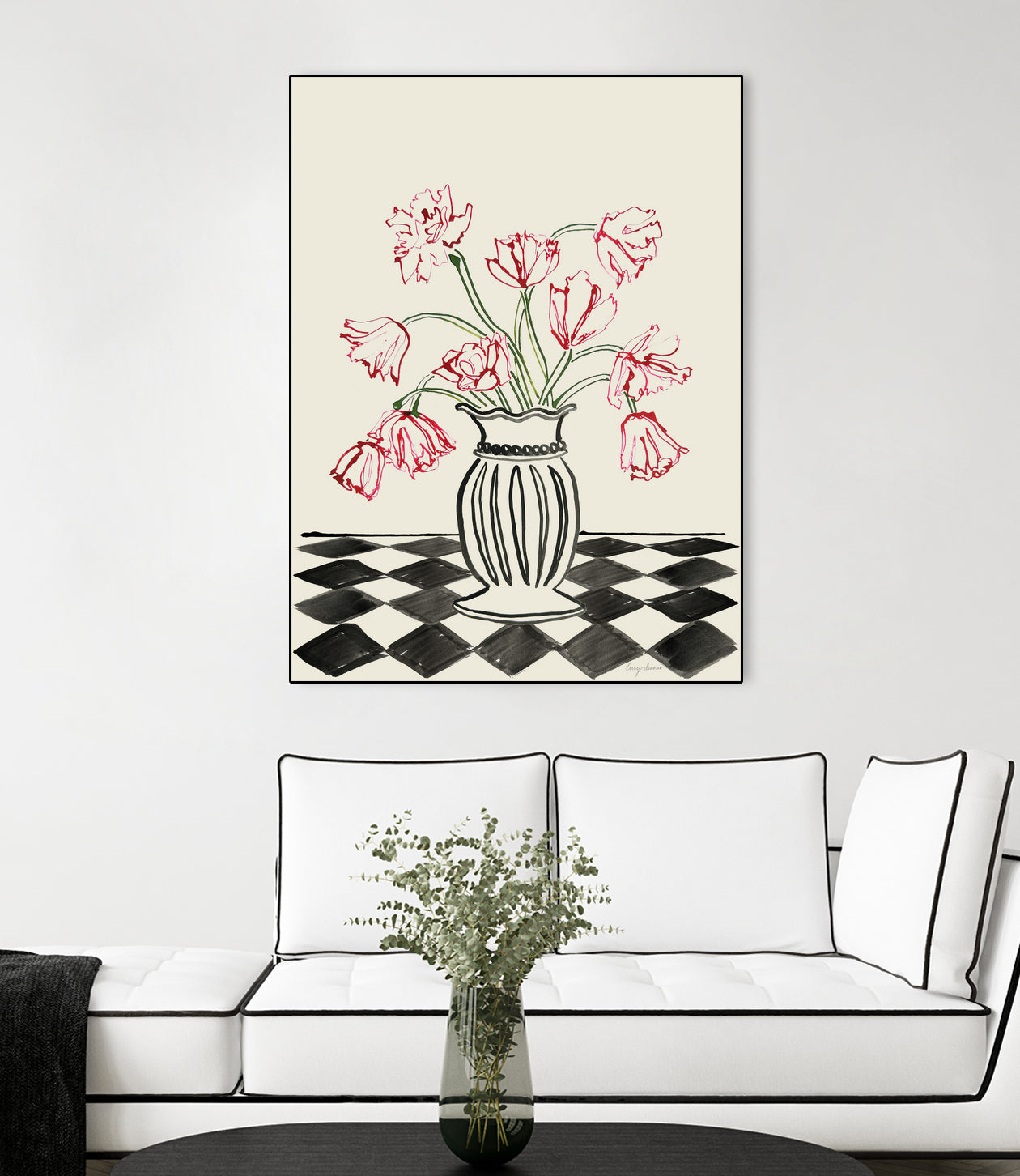 Pink Tulips In a Vase with Checkered Diamonds by Lucy Deaner on GIANT ART - flowers and plants