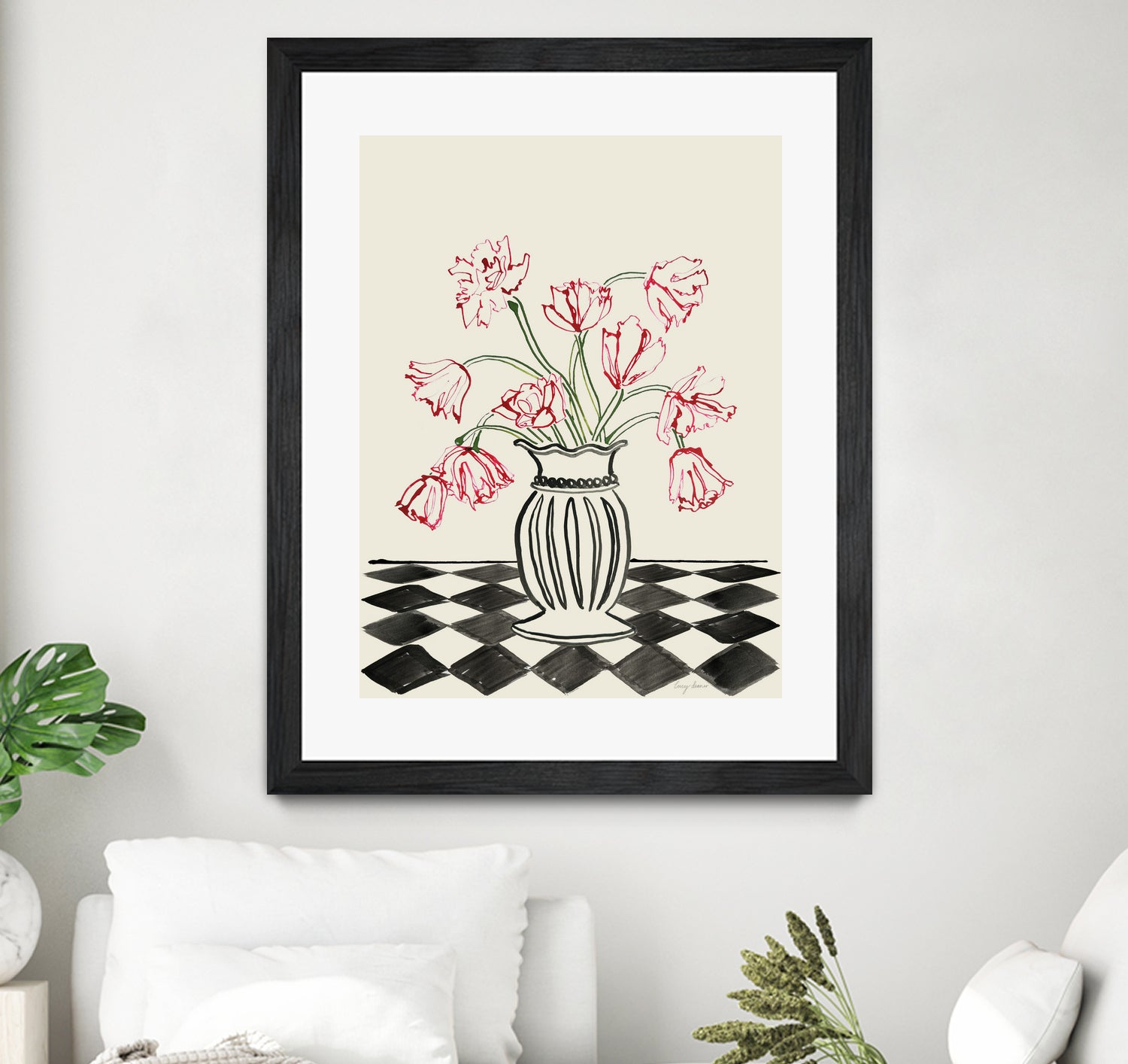 Pink Tulips In a Vase with Checkered Diamonds by Lucy Deaner on GIANT ART - flowers and plants
