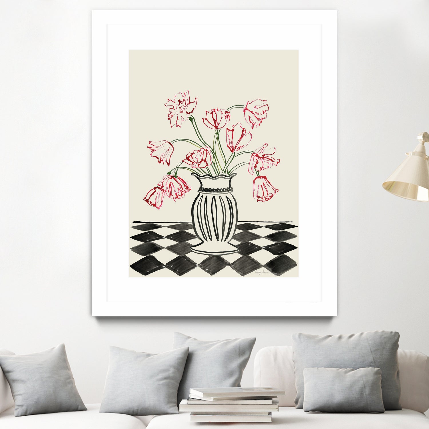 Pink Tulips In a Vase with Checkered Diamonds by Lucy Deaner on GIANT ART - flowers and plants