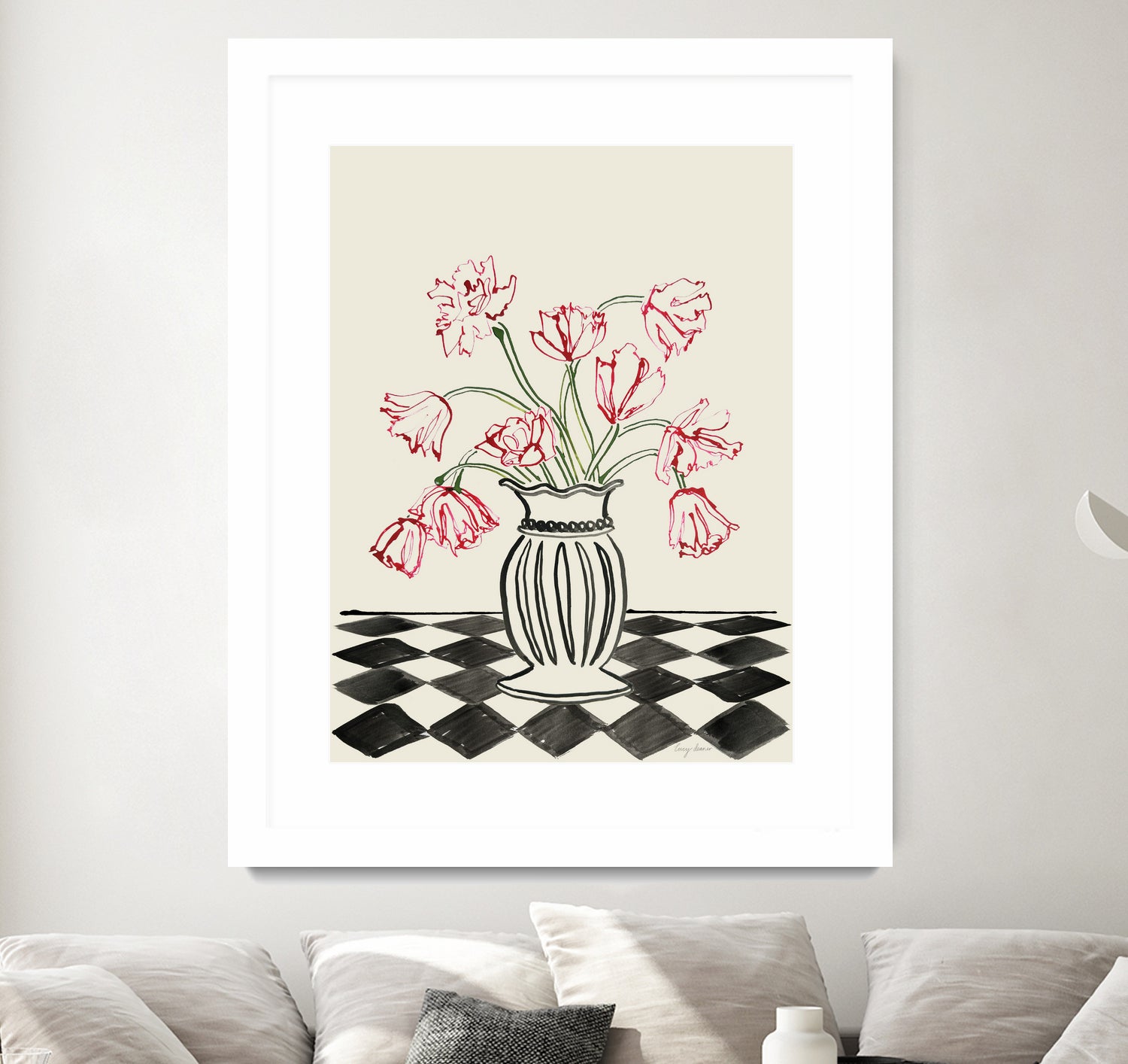 Pink Tulips In a Vase with Checkered Diamonds by Lucy Deaner on GIANT ART - flowers and plants