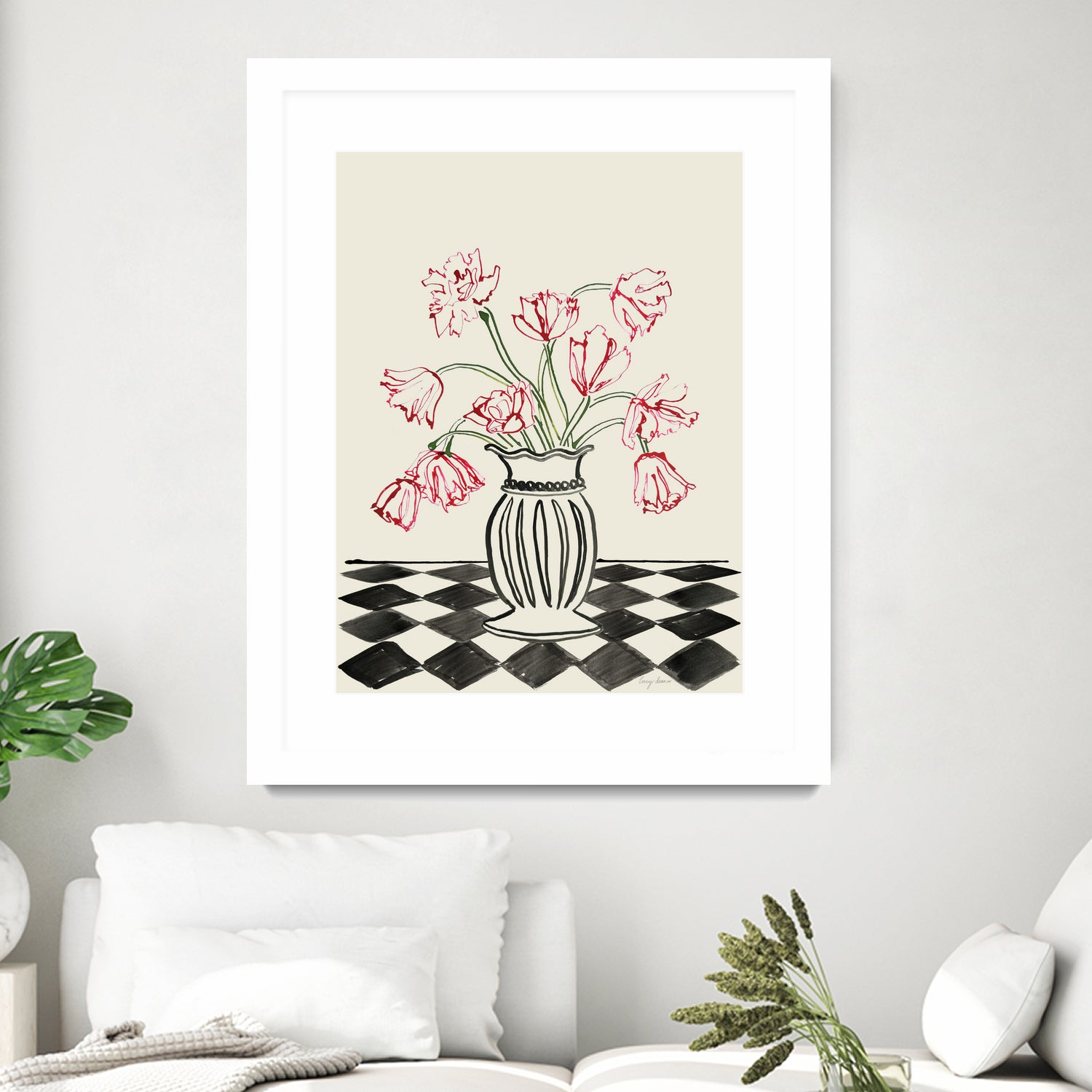 Pink Tulips In a Vase with Checkered Diamonds by Lucy Deaner on GIANT ART - flowers and plants