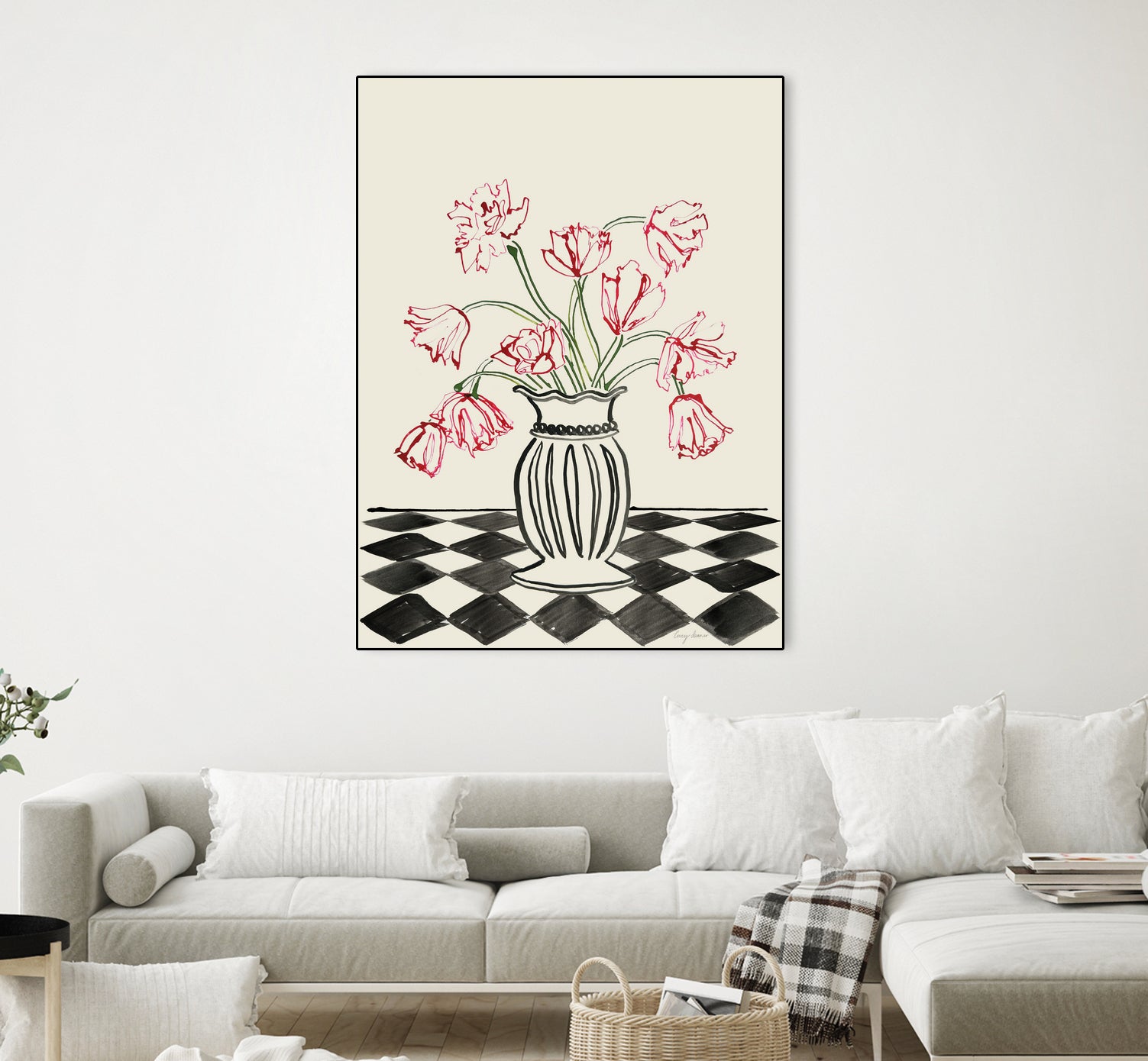 Pink Tulips In a Vase with Checkered Diamonds by Lucy Deaner on GIANT ART - flowers and plants