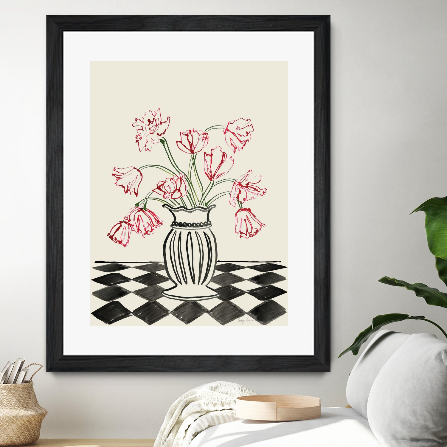 Pink Tulips In a Vase with Checkered Diamonds by Lucy Deaner on GIANT ART - flowers and plants