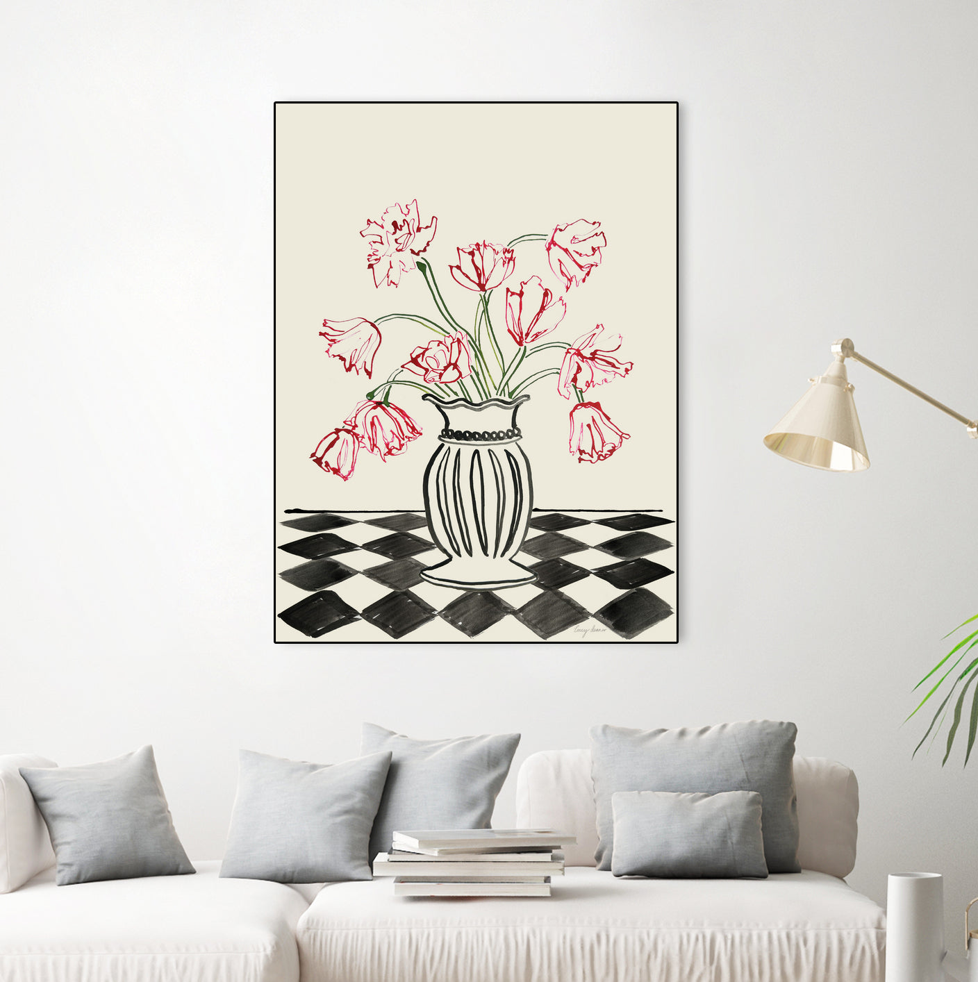 Pink Tulips In a Vase with Checkered Diamonds by Lucy Deaner on GIANT ART - flowers and plants