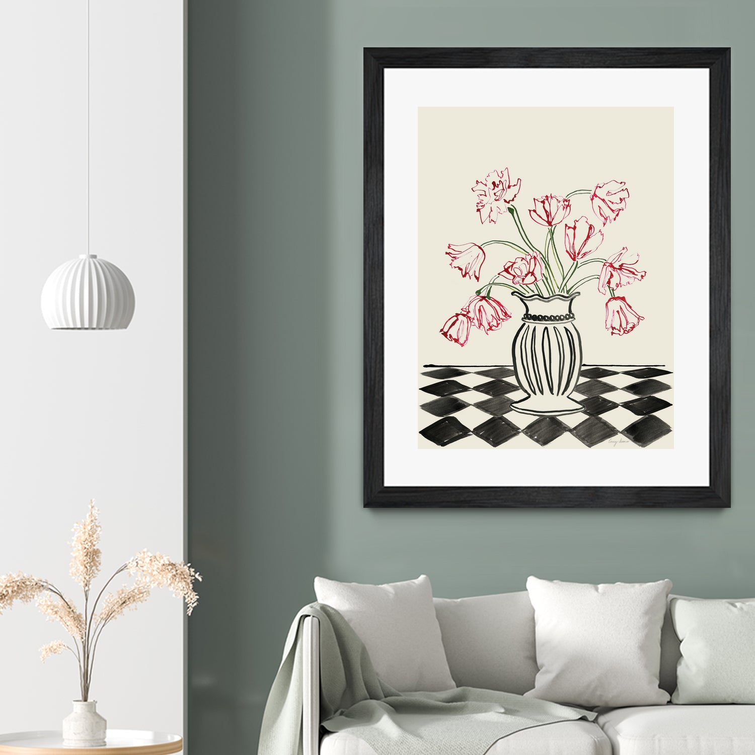 Pink Tulips In a Vase with Checkered Diamonds by Lucy Deaner on GIANT ART - flowers and plants