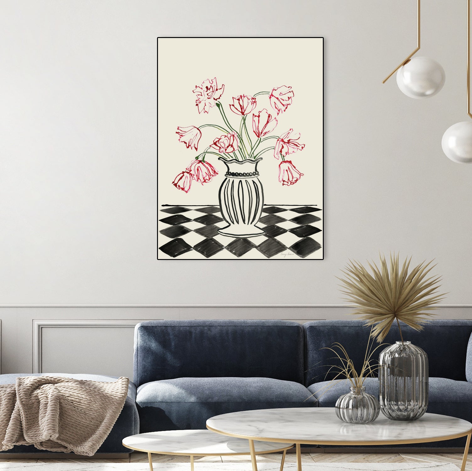 Pink Tulips In a Vase with Checkered Diamonds by Lucy Deaner on GIANT ART - flowers and plants