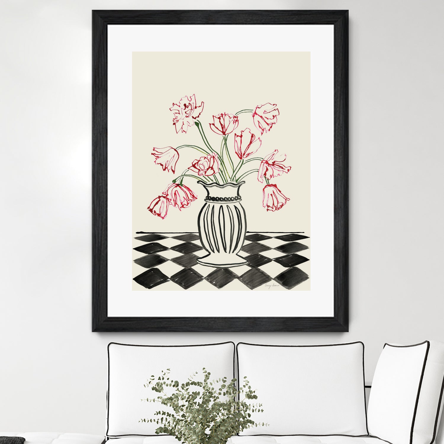 Pink Tulips In a Vase with Checkered Diamonds by Lucy Deaner on GIANT ART - flowers and plants