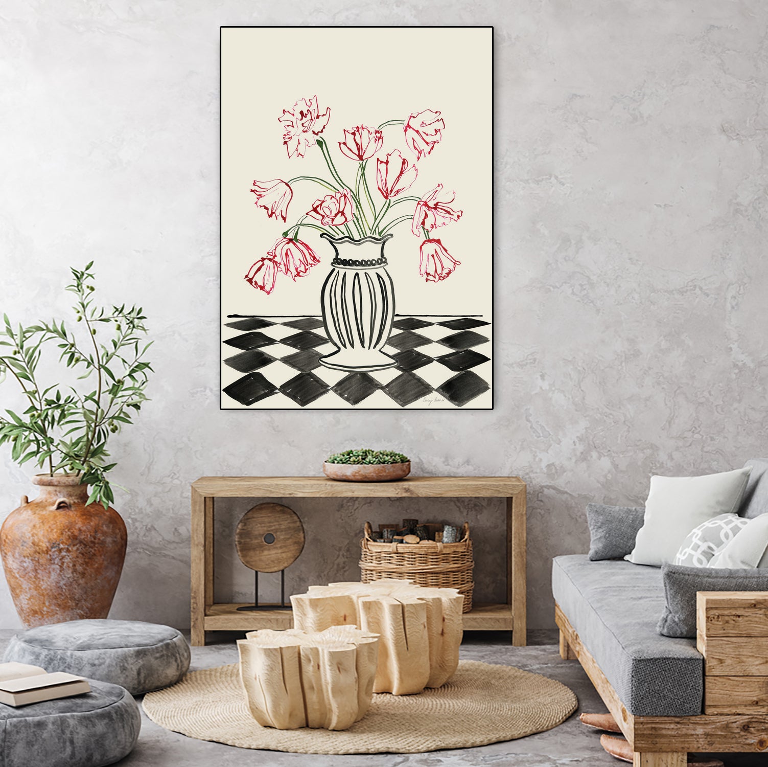 Pink Tulips In a Vase with Checkered Diamonds by Lucy Deaner on GIANT ART - flowers and plants