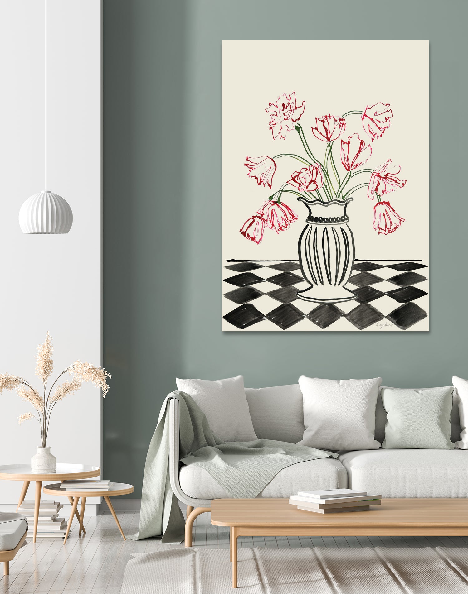 Pink Tulips In a Vase with Checkered Diamonds by Lucy Deaner on GIANT ART - flowers and plants