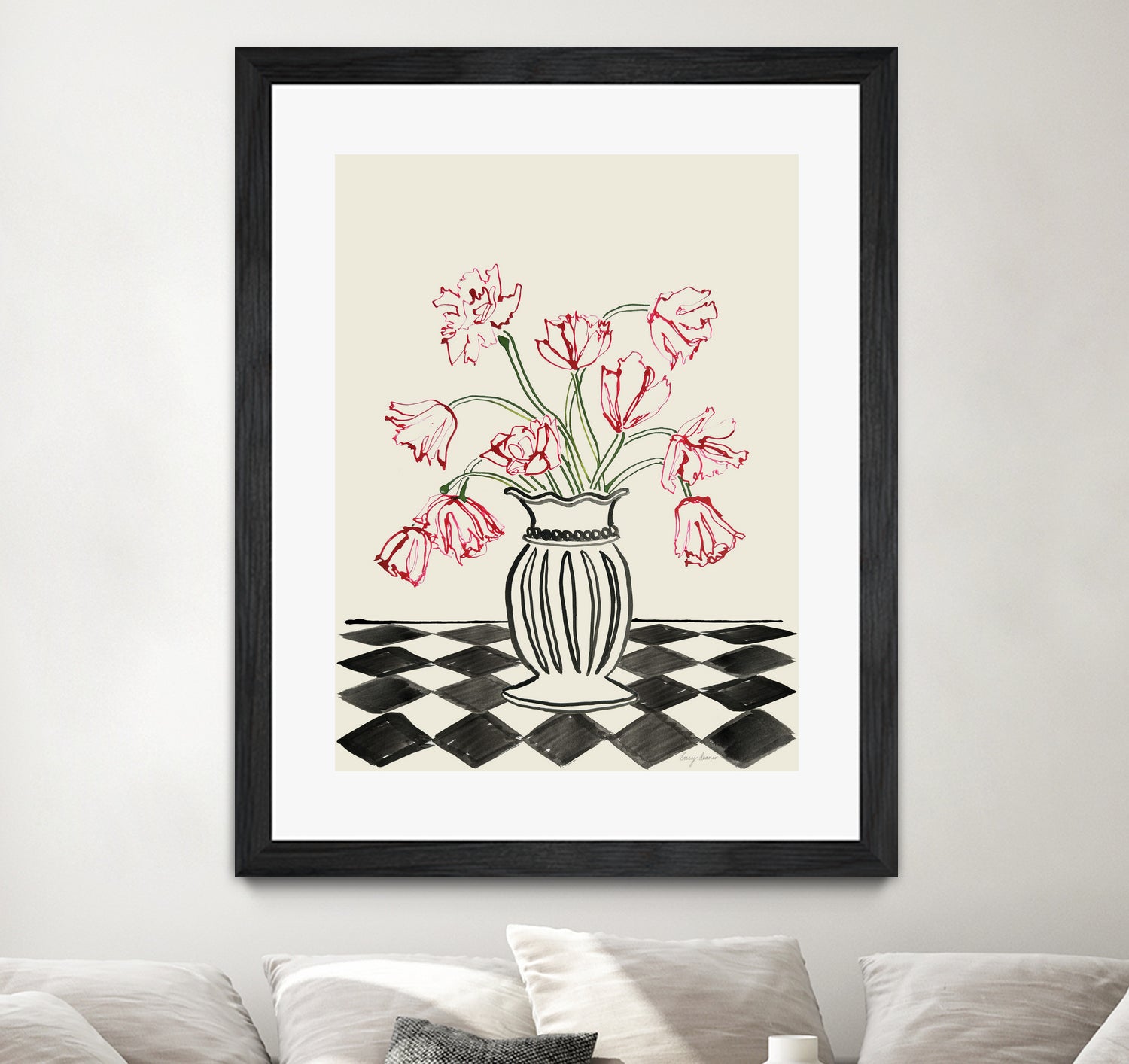 Pink Tulips In a Vase with Checkered Diamonds by Lucy Deaner on GIANT ART - flowers and plants
