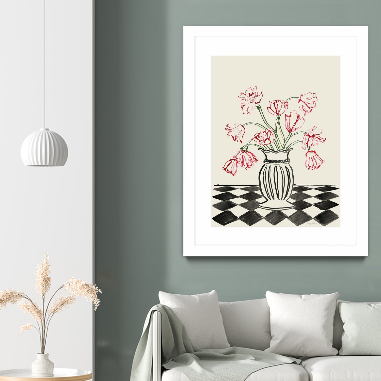 Pink Tulips In a Vase with Checkered Diamonds by Lucy Deaner on GIANT ART - flowers and plants
