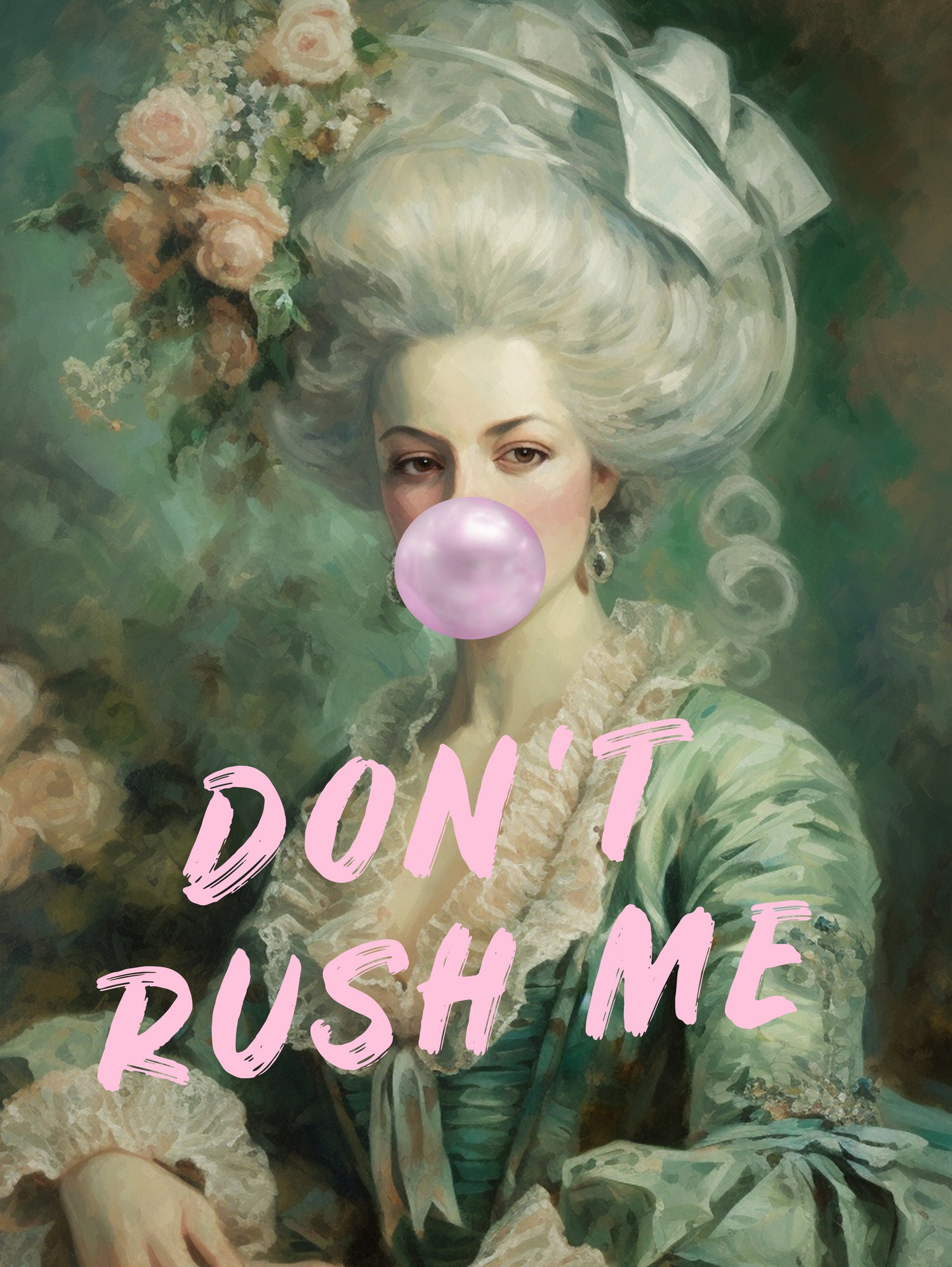 Marie Antoinette Dont Rush Me by Talitha McQueen on GIANT ART - pink contemporary human face,flower,text,clothing,painting,doll,poster,person,fashion,flowers,flora,floral,botanical,flowers and plants,botanicals,word,words,painted,paint,painterly,people,portrait,figurative