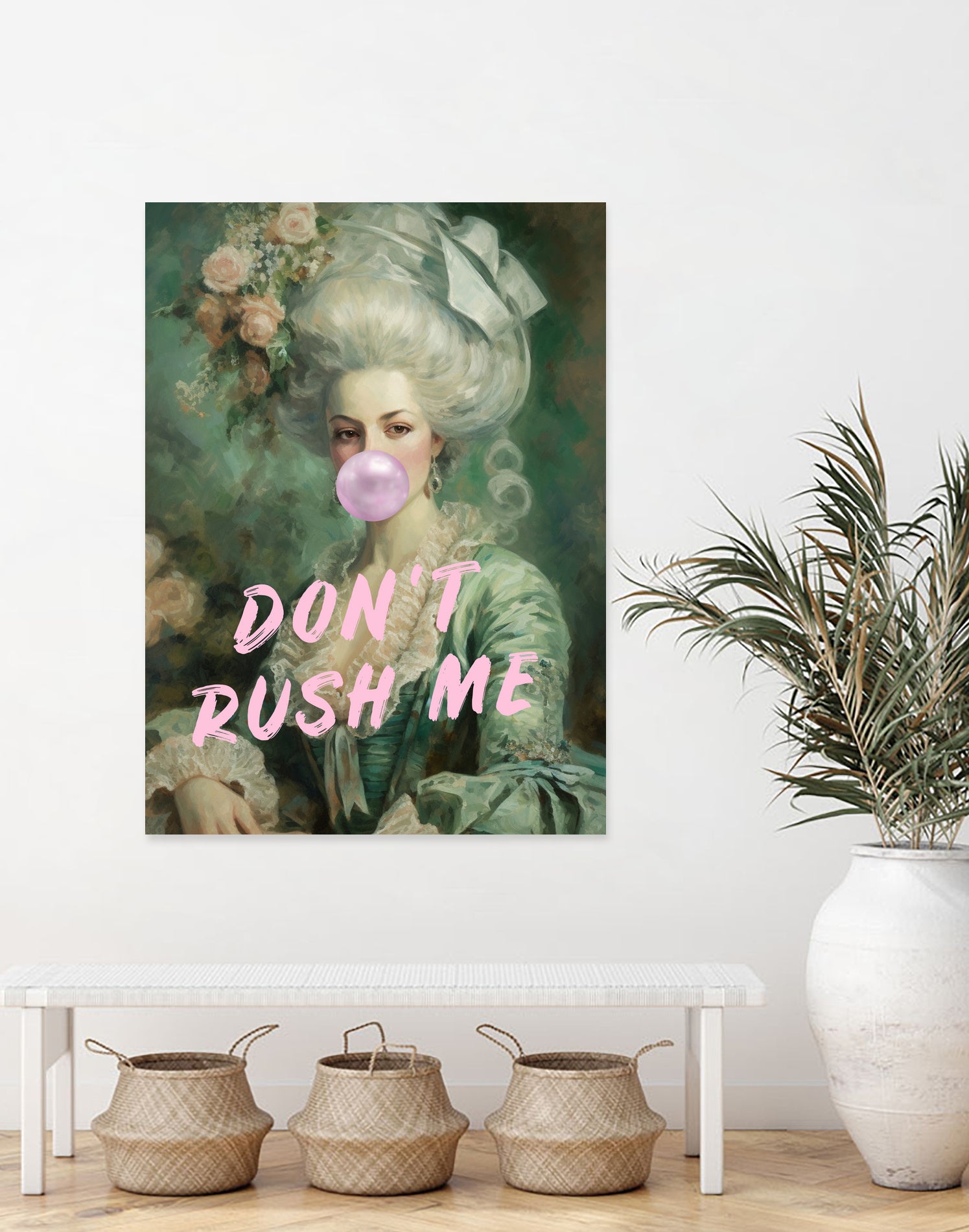 Marie Antoinette Dont Rush Me by Talitha McQueen on GIANT ART - pink contemporary human face,flower,text,clothing,painting,doll,poster,person,fashion,flowers,flora,floral,botanical,flowers and plants,botanicals,word,words,painted,paint,painterly,people,portrait,figurative