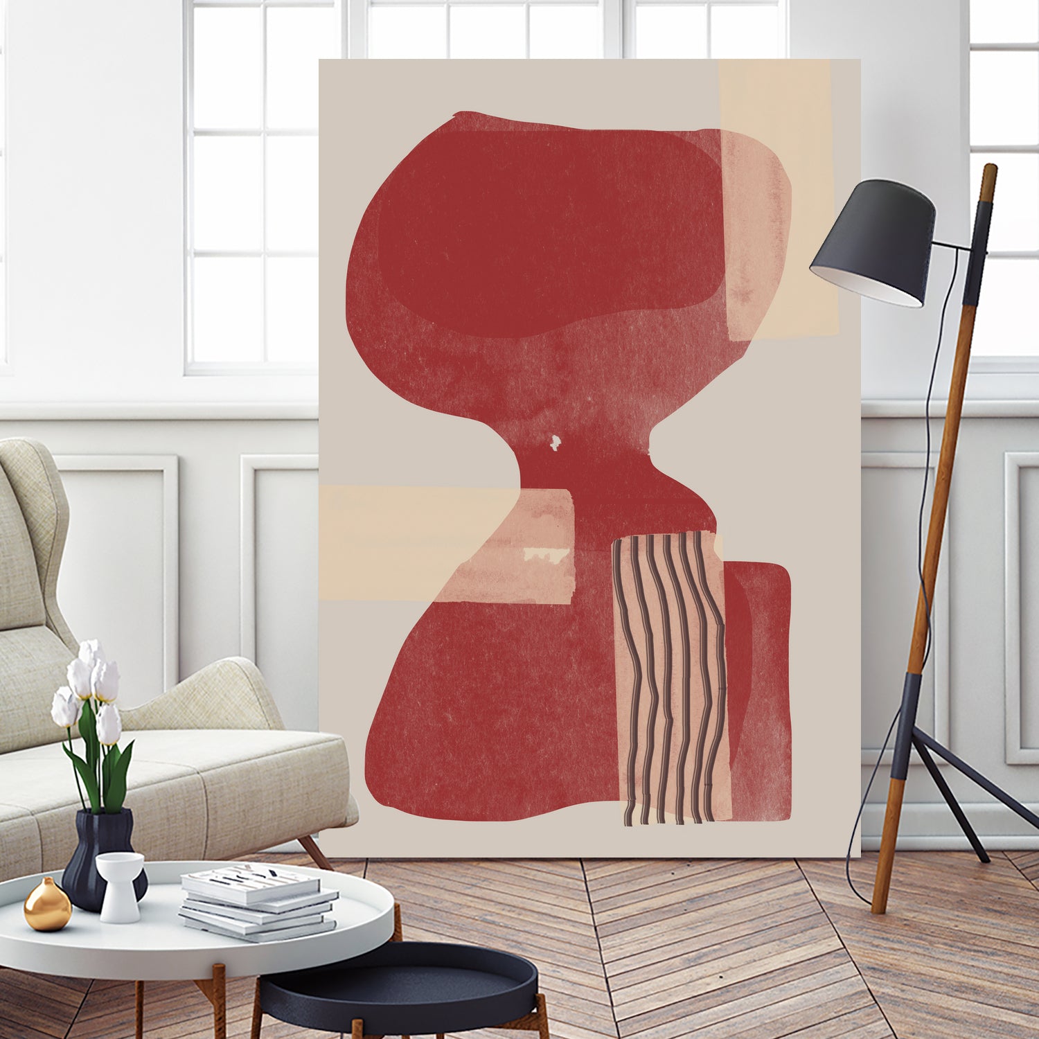 Crimson Harmony by THE MIUUS STUDIO on GIANT ART - red shape abstract, bold, white, grey, gray, calm, painting, print, wallart, wall art, energetic, colourful, graphic print, illustration, soft, brush strokes, cute, prints, home decor, beige, black, drawing
