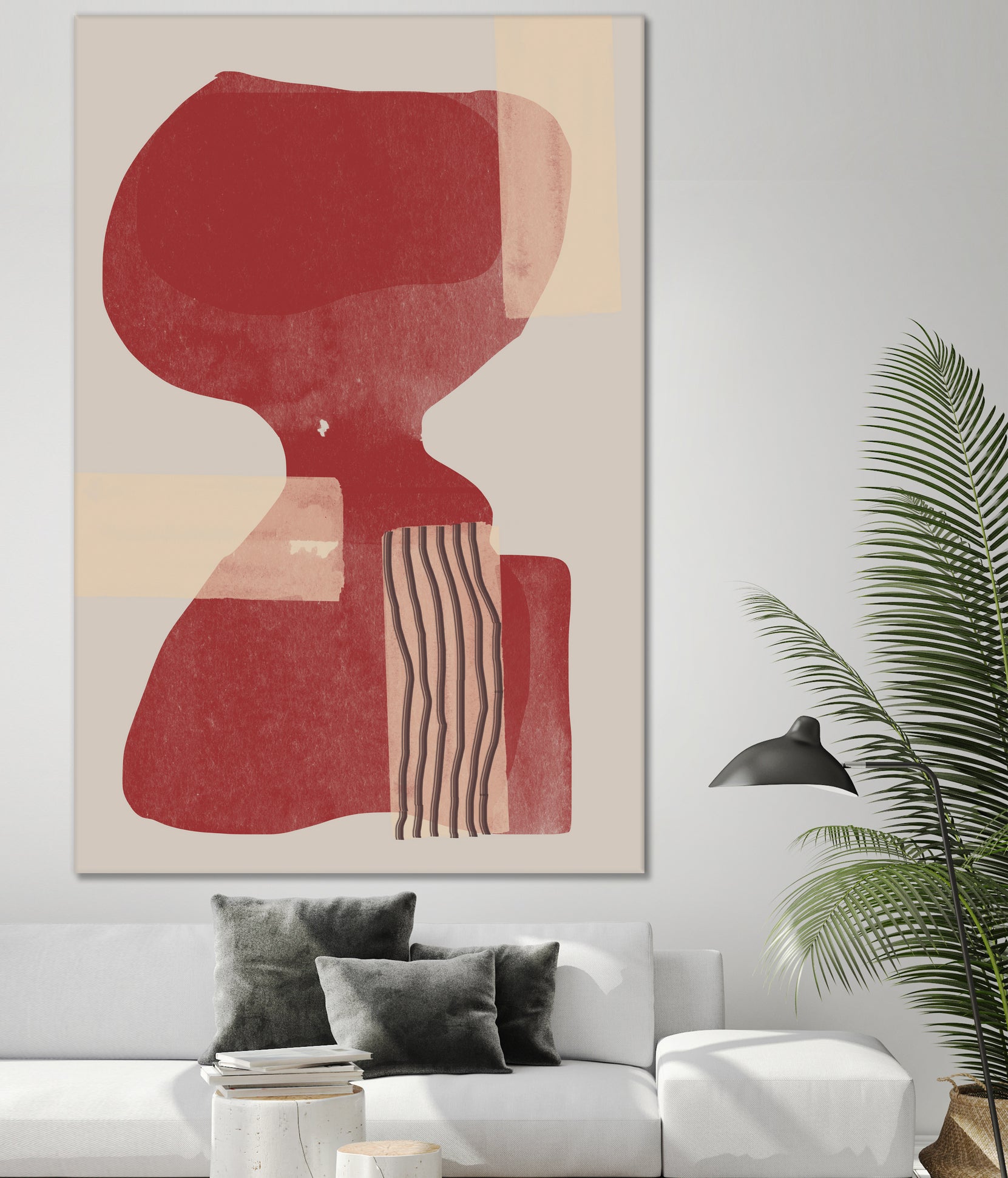 Crimson Harmony by THE MIUUS STUDIO on GIANT ART - red shape abstract, bold, white, grey, gray, calm, painting, print, wallart, wall art, energetic, colourful, graphic print, illustration, soft, brush strokes, cute, prints, home decor, beige, black, drawing