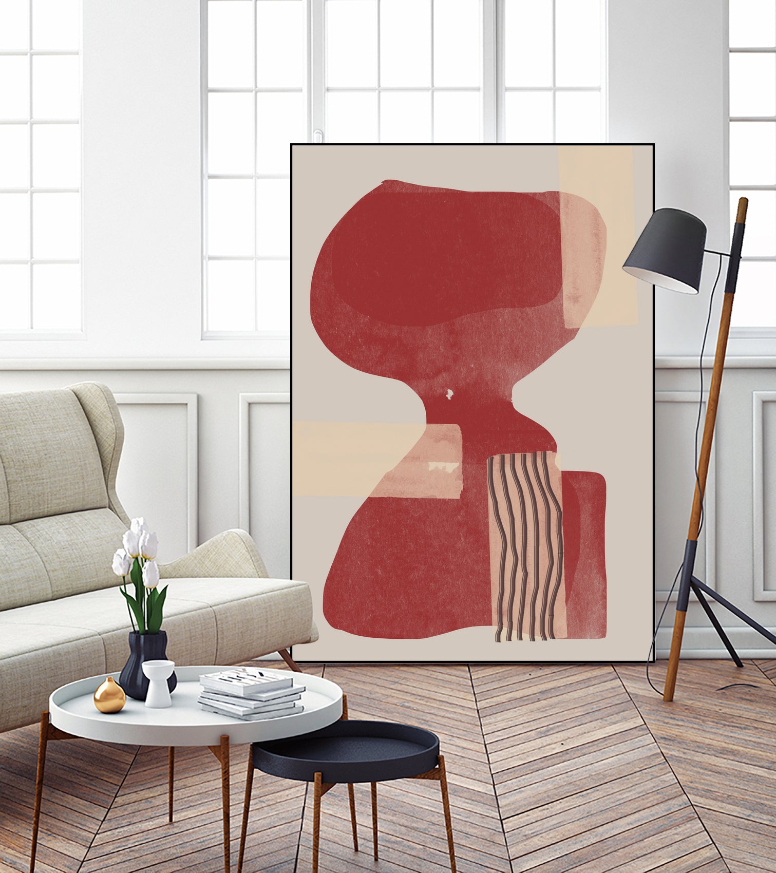 Crimson Harmony by THE MIUUS STUDIO on GIANT ART - red shape abstract, bold, white, grey, gray, calm, painting, print, wallart, wall art, energetic, colourful, graphic print, illustration, soft, brush strokes, cute, prints, home decor, beige, black, drawing