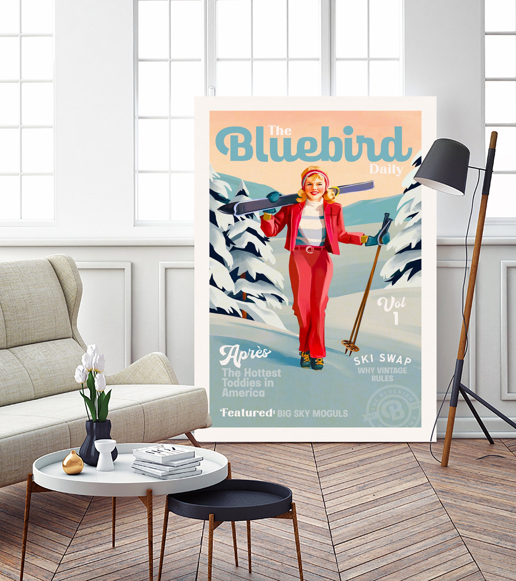 The Bluebird Daily Pinup Ski Art by The Whiskey Ginger on GIANT ART - figurative text