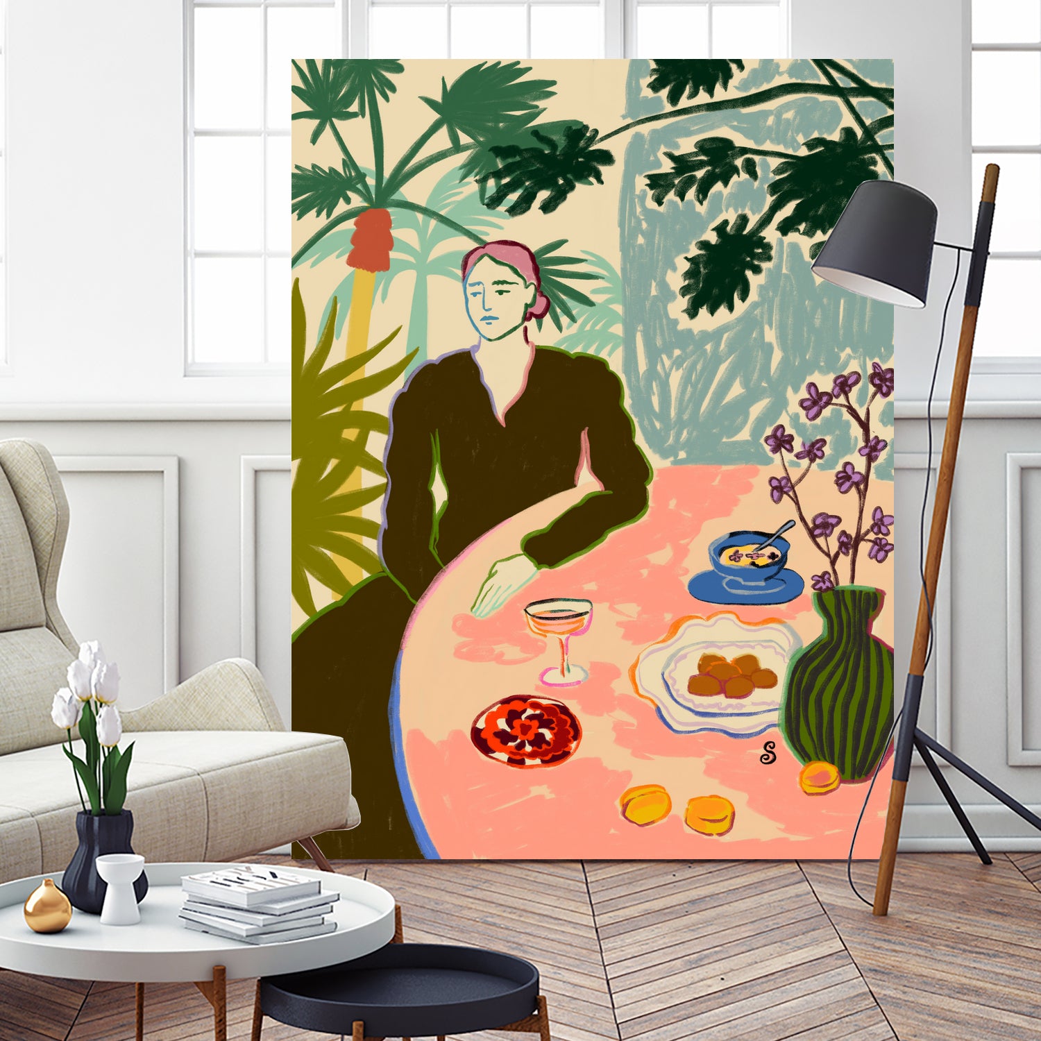 TROPICAL BRUNCH by Sandra Poliakov f on GIANT ART - pink figurative woman,brunch,still life,flowers,picnic,coffee,cocktail ,champaign,apricots,fruit,green,tropical,bali,vacation,feminine,olive green ,vase,fashion,blue sky,tropical ,palm trees,beach,summer,calm,relaxed,mindfulness,slowing down,self love,self care,pink