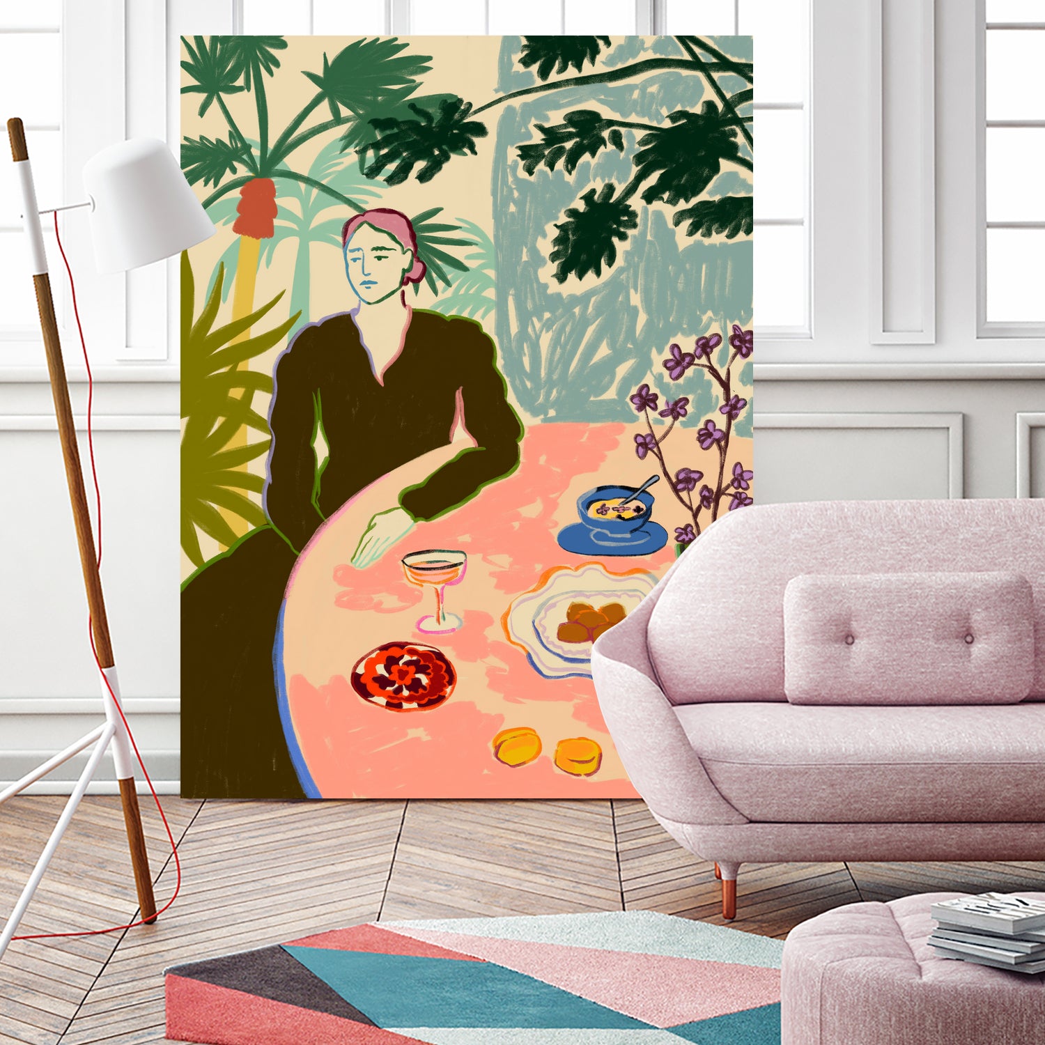 TROPICAL BRUNCH by Sandra Poliakov f on GIANT ART - pink figurative woman,brunch,still life,flowers,picnic,coffee,cocktail ,champaign,apricots,fruit,green,tropical,bali,vacation,feminine,olive green ,vase,fashion,blue sky,tropical ,palm trees,beach,summer,calm,relaxed,mindfulness,slowing down,self love,self care,pink