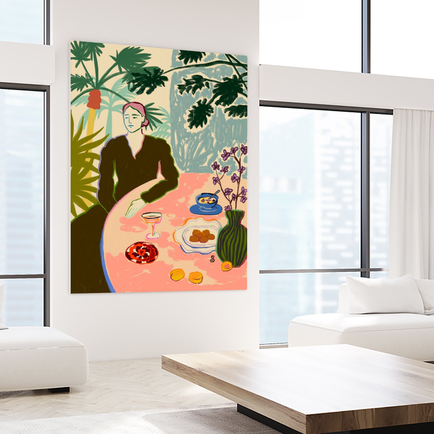 TROPICAL BRUNCH by Sandra Poliakov f on GIANT ART - pink figurative woman,brunch,still life,flowers,picnic,coffee,cocktail ,champaign,apricots,fruit,green,tropical,bali,vacation,feminine,olive green ,vase,fashion,blue sky,tropical ,palm trees,beach,summer,calm,relaxed,mindfulness,slowing down,self love,self care,pink