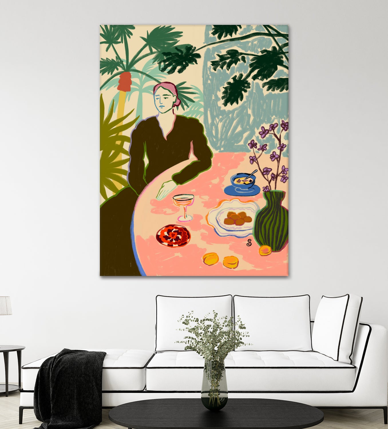 TROPICAL BRUNCH by Sandra Poliakov f on GIANT ART - pink figurative woman,brunch,still life,flowers,picnic,coffee,cocktail ,champaign,apricots,fruit,green,tropical,bali,vacation,feminine,olive green ,vase,fashion,blue sky,tropical ,palm trees,beach,summer,calm,relaxed,mindfulness,slowing down,self love,self care,pink