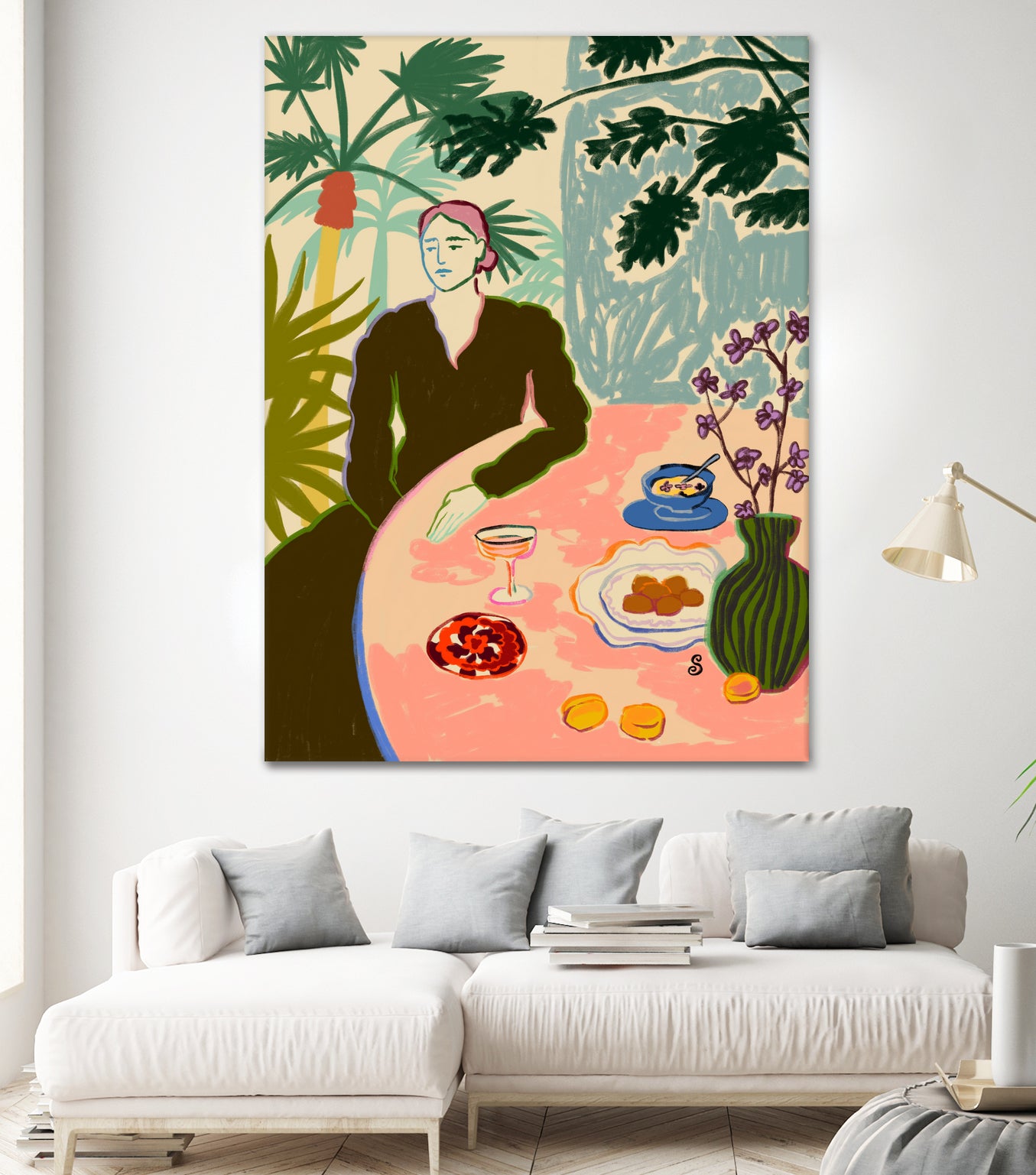 TROPICAL BRUNCH by Sandra Poliakov f on GIANT ART - pink figurative woman,brunch,still life,flowers,picnic,coffee,cocktail ,champaign,apricots,fruit,green,tropical,bali,vacation,feminine,olive green ,vase,fashion,blue sky,tropical ,palm trees,beach,summer,calm,relaxed,mindfulness,slowing down,self love,self care,pink