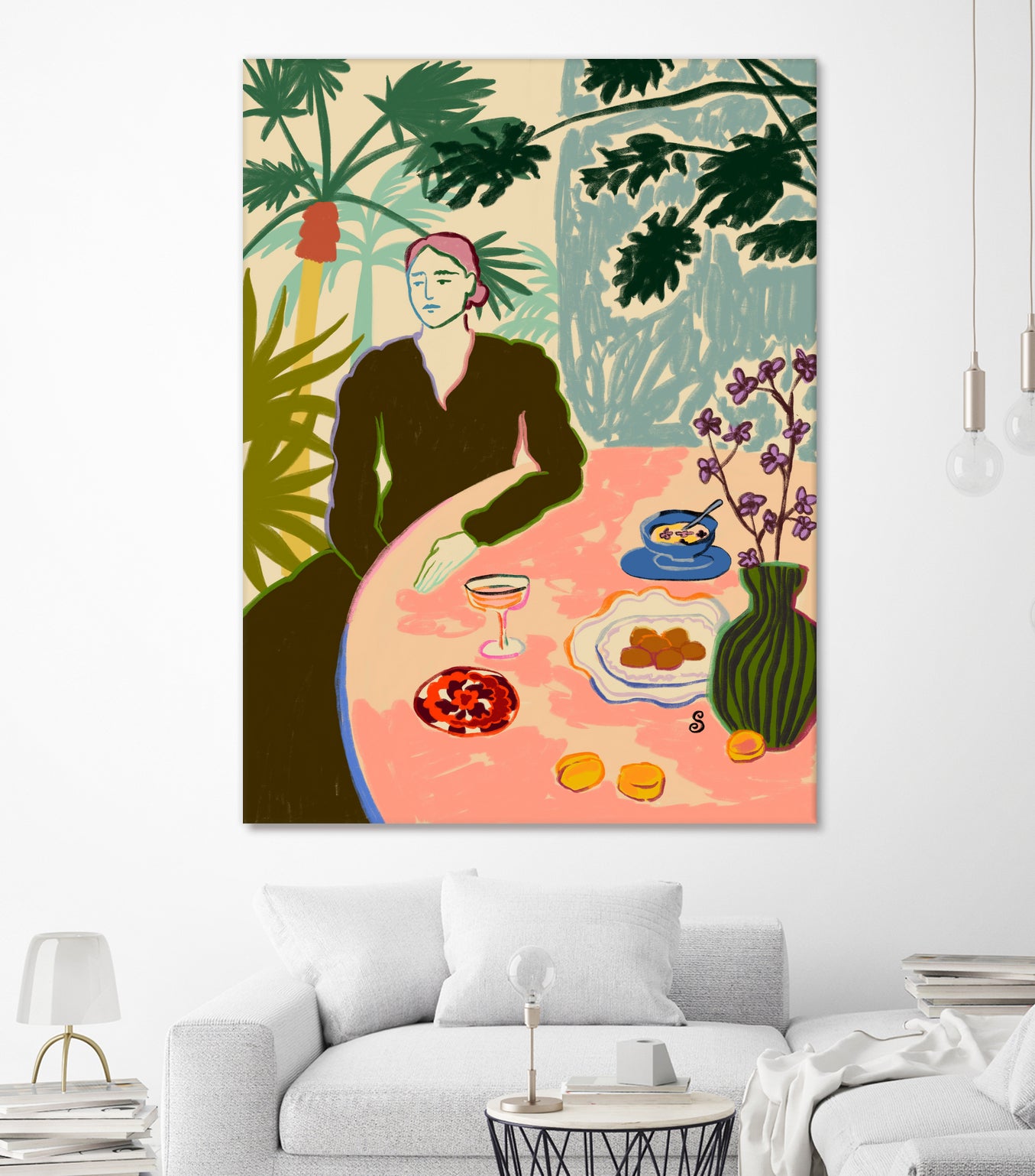 TROPICAL BRUNCH by Sandra Poliakov f on GIANT ART - pink figurative woman,brunch,still life,flowers,picnic,coffee,cocktail ,champaign,apricots,fruit,green,tropical,bali,vacation,feminine,olive green ,vase,fashion,blue sky,tropical ,palm trees,beach,summer,calm,relaxed,mindfulness,slowing down,self love,self care,pink