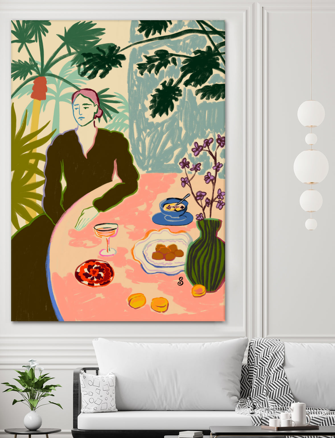 TROPICAL BRUNCH by Sandra Poliakov f on GIANT ART - pink figurative woman,brunch,still life,flowers,picnic,coffee,cocktail ,champaign,apricots,fruit,green,tropical,bali,vacation,feminine,olive green ,vase,fashion,blue sky,tropical ,palm trees,beach,summer,calm,relaxed,mindfulness,slowing down,self love,self care,pink