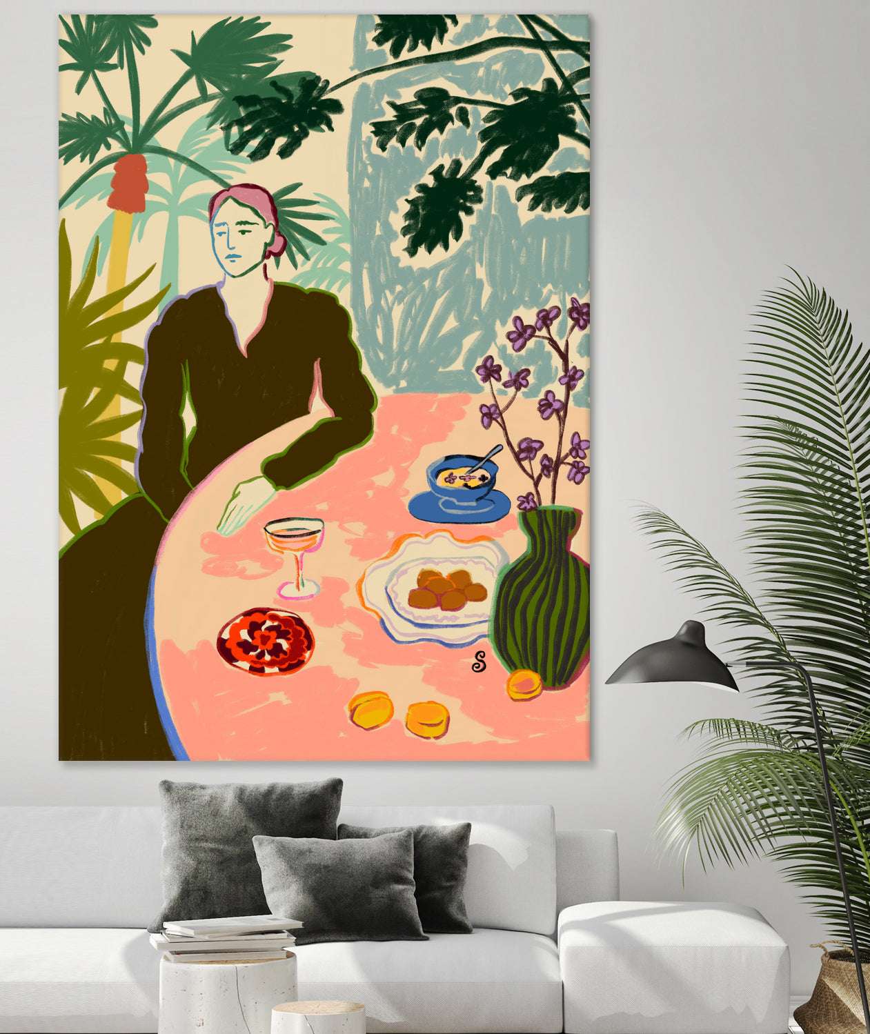 TROPICAL BRUNCH by Sandra Poliakov f on GIANT ART - pink figurative woman,brunch,still life,flowers,picnic,coffee,cocktail ,champaign,apricots,fruit,green,tropical,bali,vacation,feminine,olive green ,vase,fashion,blue sky,tropical ,palm trees,beach,summer,calm,relaxed,mindfulness,slowing down,self love,self care,pink