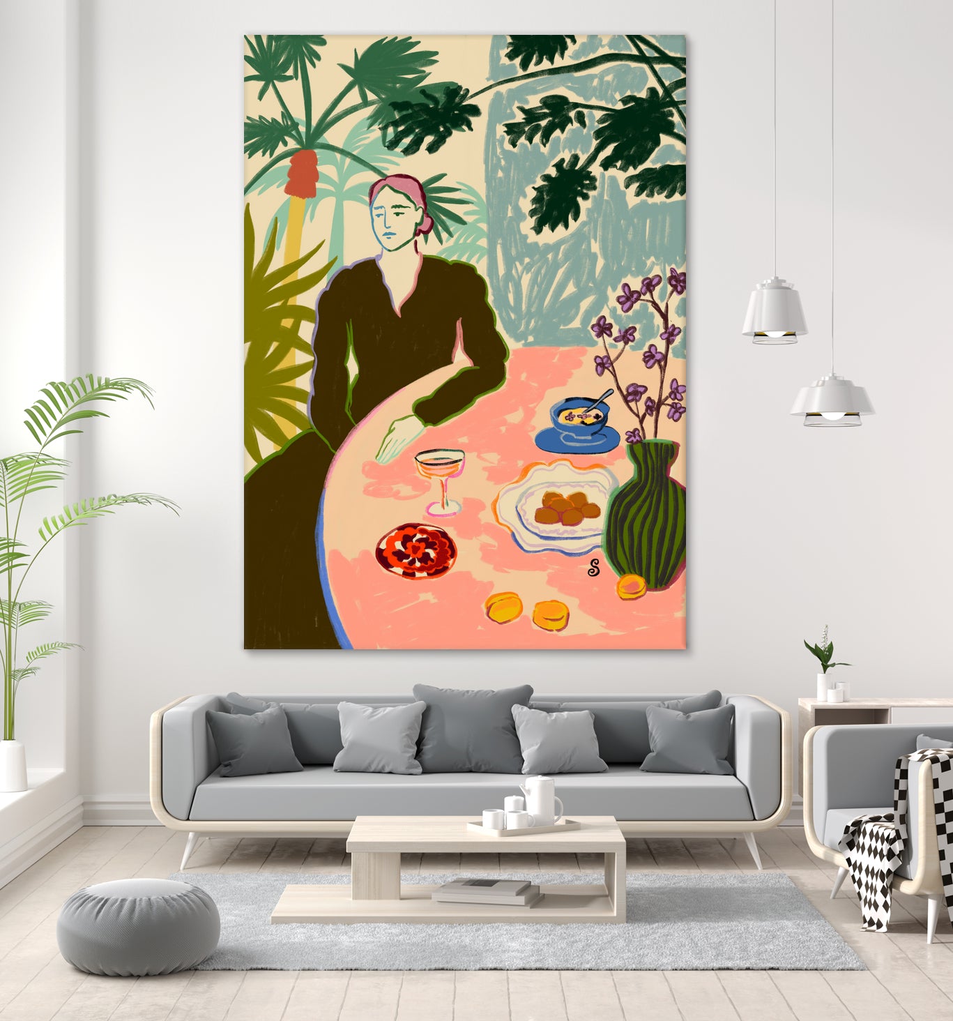 TROPICAL BRUNCH by Sandra Poliakov f on GIANT ART - pink figurative woman,brunch,still life,flowers,picnic,coffee,cocktail ,champaign,apricots,fruit,green,tropical,bali,vacation,feminine,olive green ,vase,fashion,blue sky,tropical ,palm trees,beach,summer,calm,relaxed,mindfulness,slowing down,self love,self care,pink