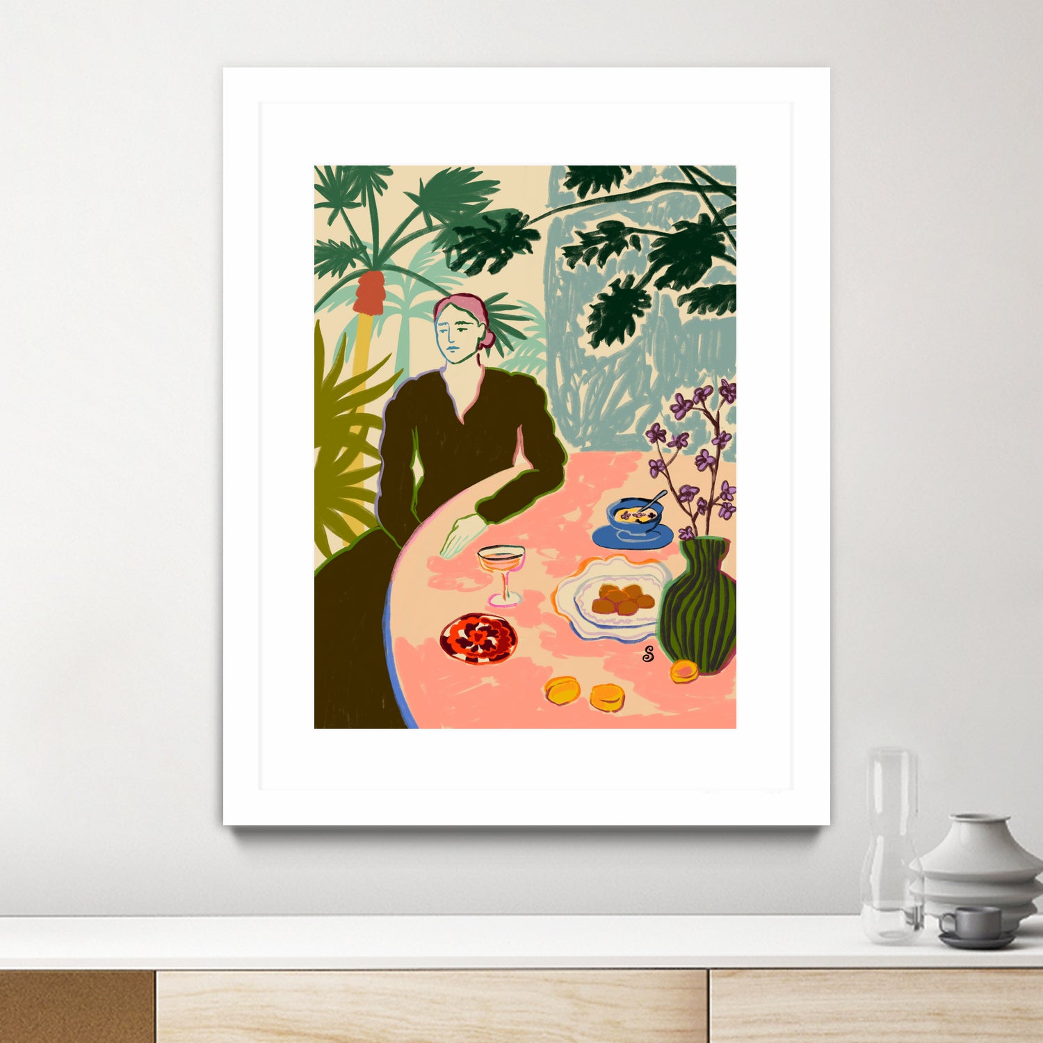 TROPICAL BRUNCH by Sandra Poliakov f on GIANT ART - pink figurative woman,brunch,still life,flowers,picnic,coffee,cocktail ,champaign,apricots,fruit,green,tropical,bali,vacation,feminine,olive green ,vase,fashion,blue sky,tropical ,palm trees,beach,summer,calm,relaxed,mindfulness,slowing down,self love,self care,pink