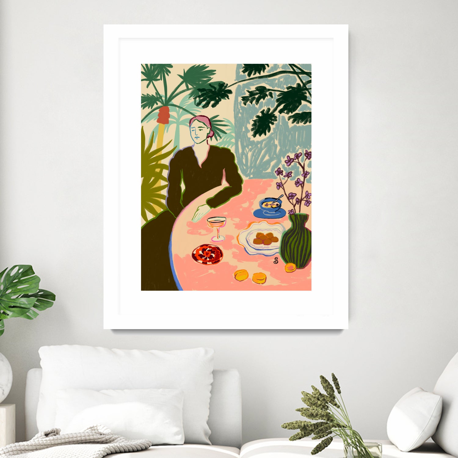 TROPICAL BRUNCH by Sandra Poliakov f on GIANT ART - pink figurative woman,brunch,still life,flowers,picnic,coffee,cocktail ,champaign,apricots,fruit,green,tropical,bali,vacation,feminine,olive green ,vase,fashion,blue sky,tropical ,palm trees,beach,summer,calm,relaxed,mindfulness,slowing down,self love,self care,pink